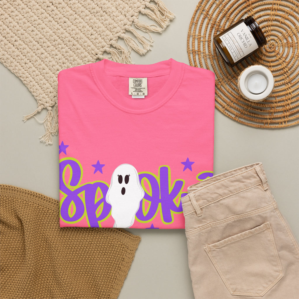 Spooky Ghost Halloween T-Shirt — Orange Graphic Tee with Cute Ghost & Stars