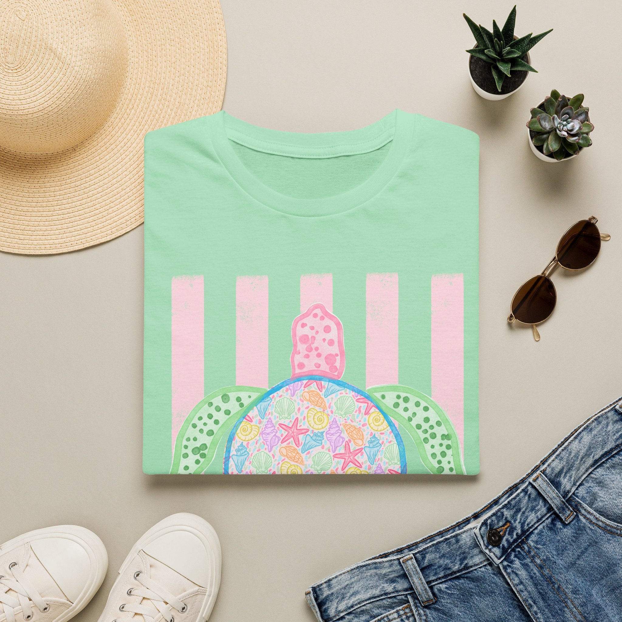 Sea Turtle Beach T-Shirt — Pastel Floral Turtle on Pink Stripes