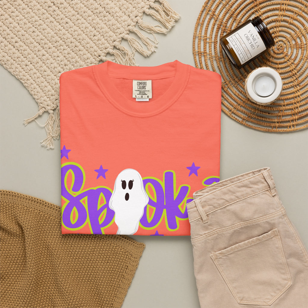 Spooky Ghost Halloween T-Shirt — Orange Graphic Tee with Cute Ghost & Stars