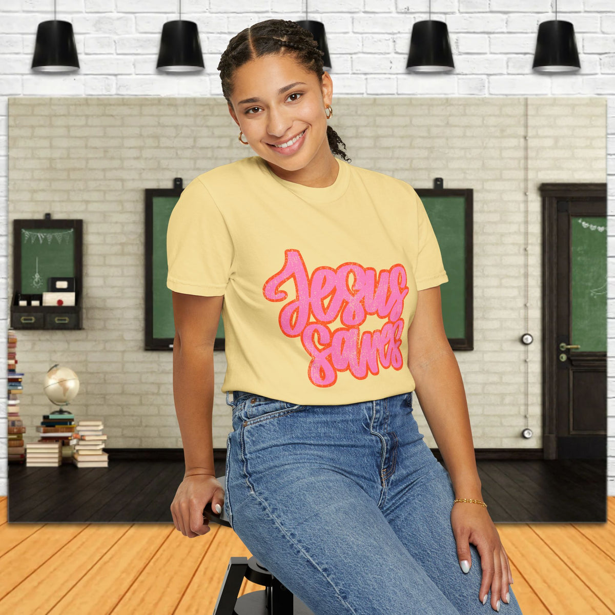 Jesus Saves Distressed T-Shirt — Retro Pink Script Christian Tee