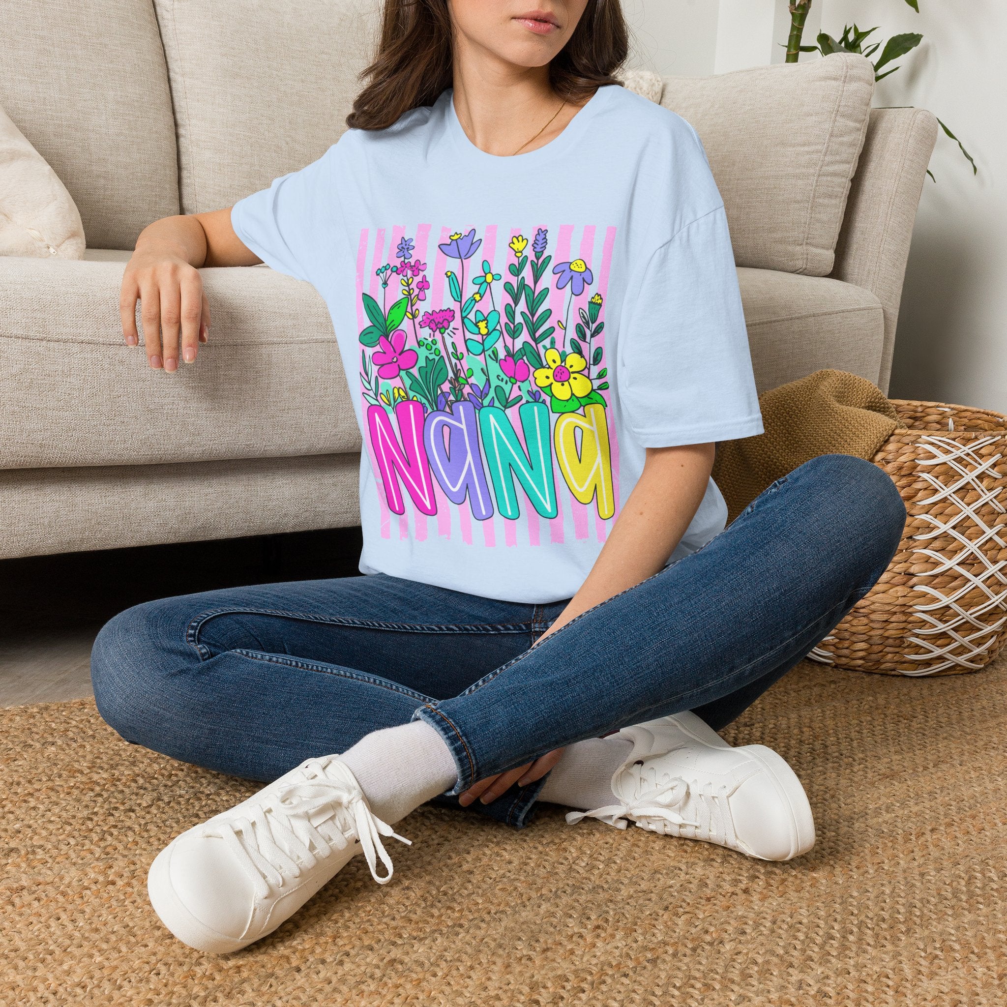 Floral Stripe "NANA" T-Shirt — Bright Garden Grandma Gift