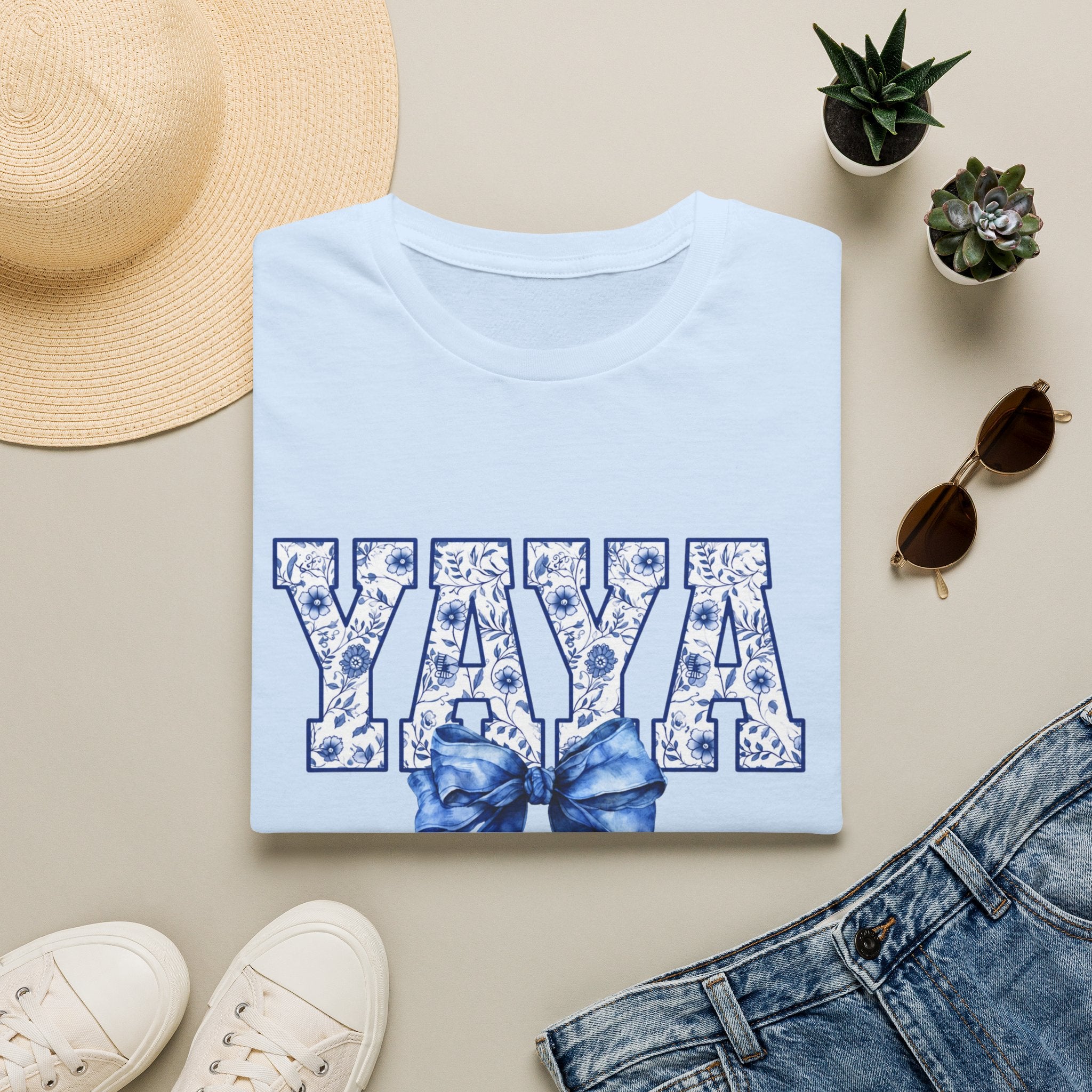 Yaya Floral Block Tee — 'YAYA' Blue Floral Design with Bow