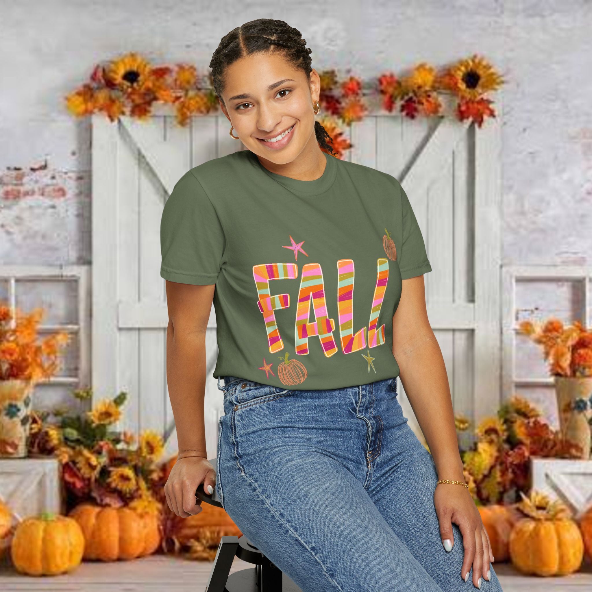 Fall Graphic T-Shirt — Colorful Pumpkin Plaid Autumn Tee