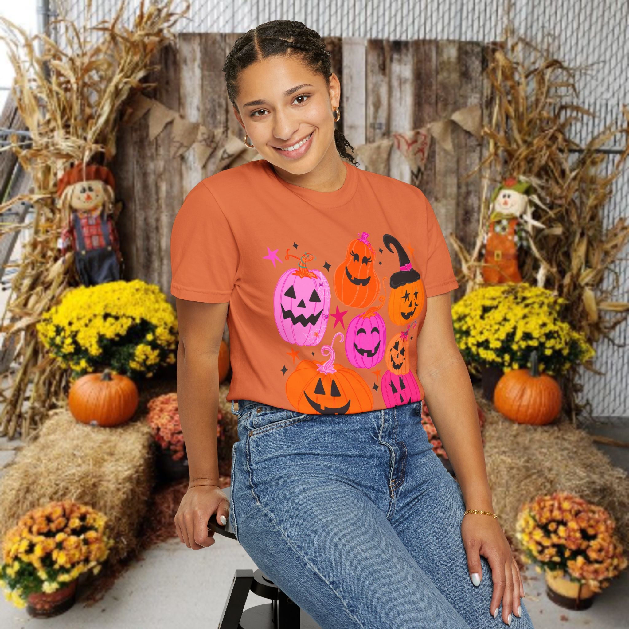 Halloween Pumpkins T-Shirt — Cute Pink & Orange Jack-O'-Lanterns