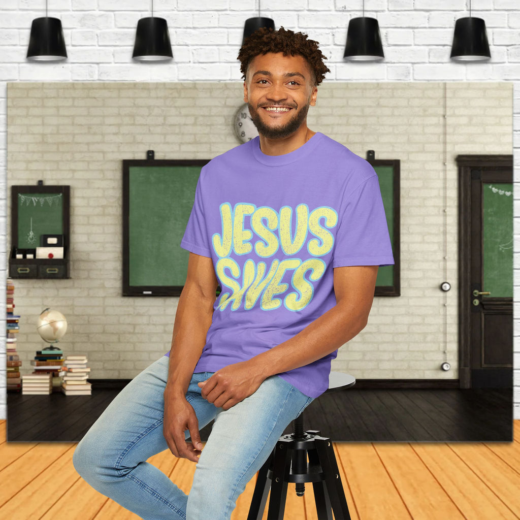 Jesus Saves T‑Shirt — Retro Bubble Text Christian Faith Tee