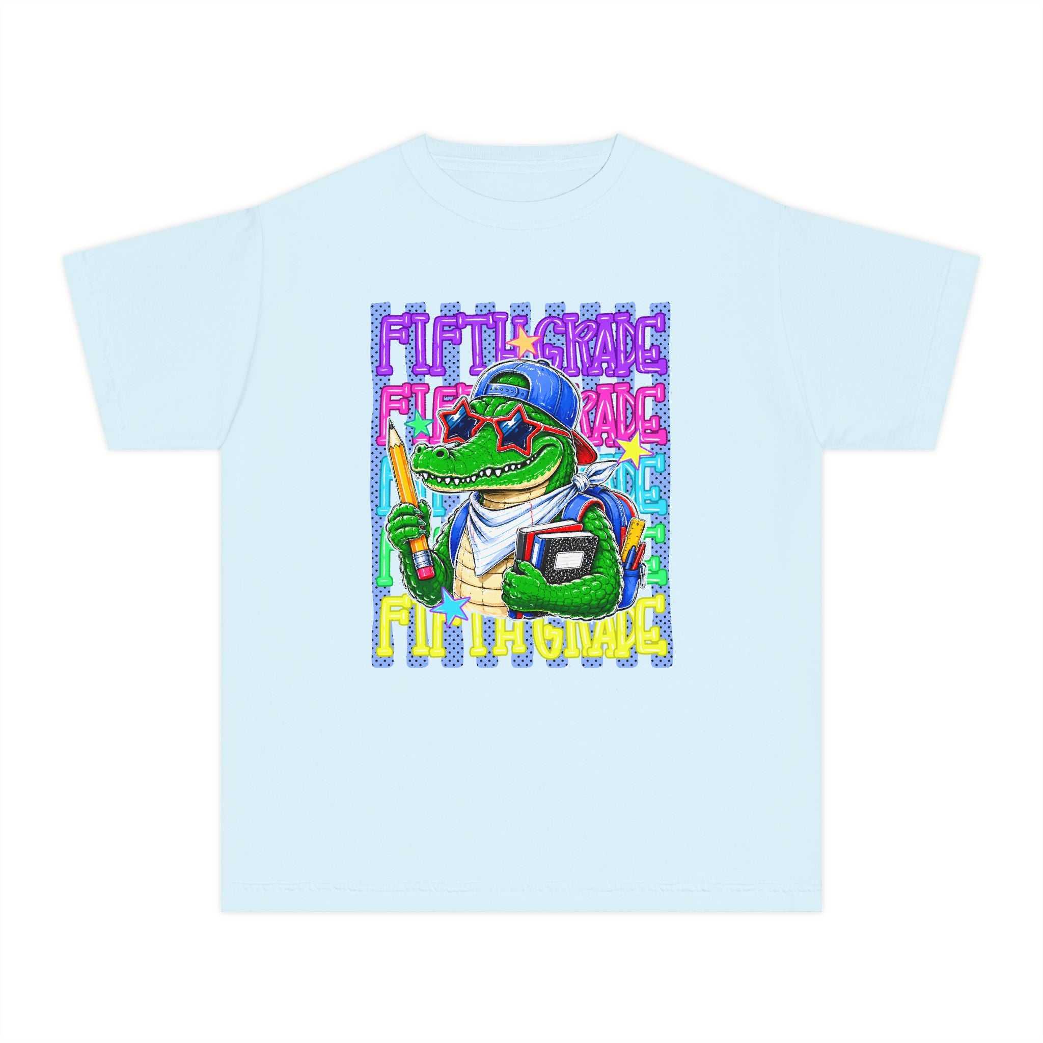 Youth Tee — Colorful Back-to-School Alligator Graphic "Fifth Grade"