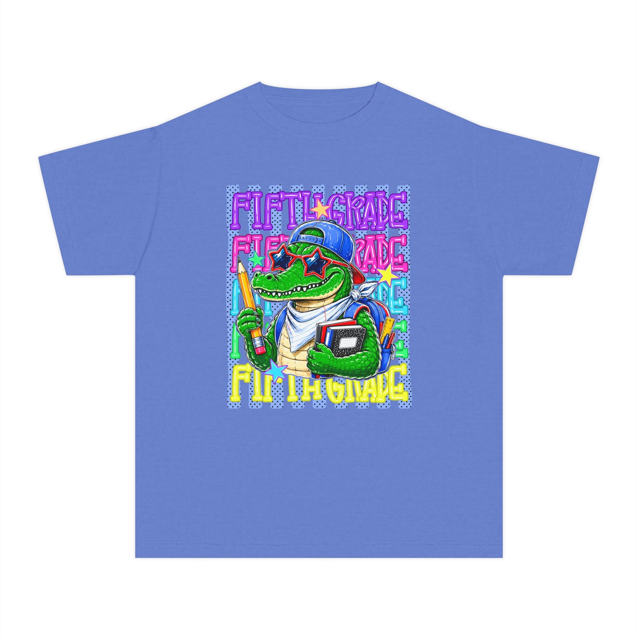 Youth Tee — Colorful Back-to-School Alligator Graphic "Fifth Grade"