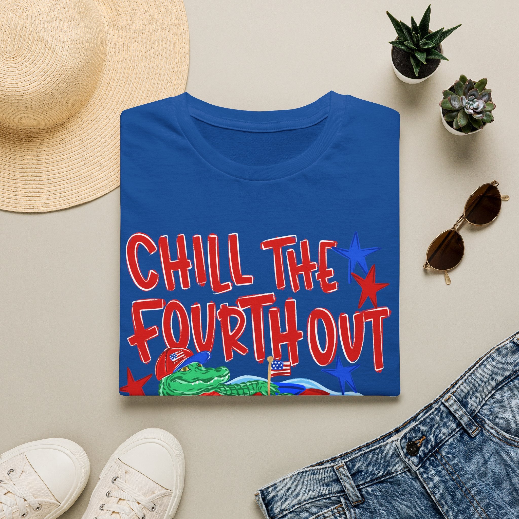 Chill the Fourth Out With Hat T-Shirt — Patriotic Alligator 4th of July Tee