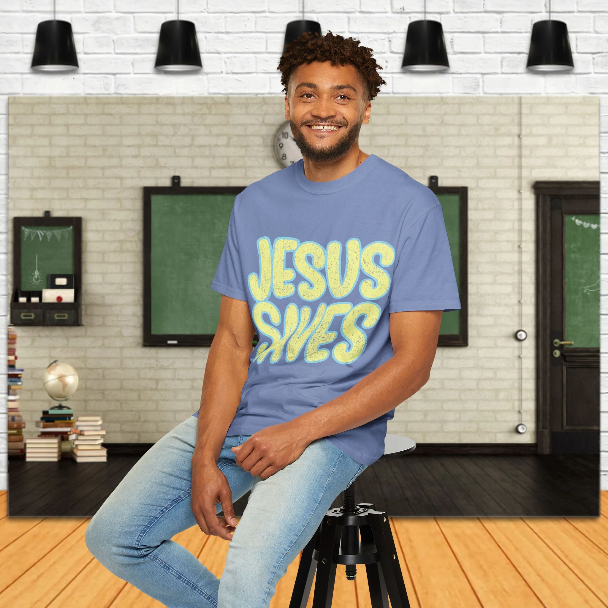 Jesus Saves T‑Shirt — Retro Bubble Text Christian Faith Tee