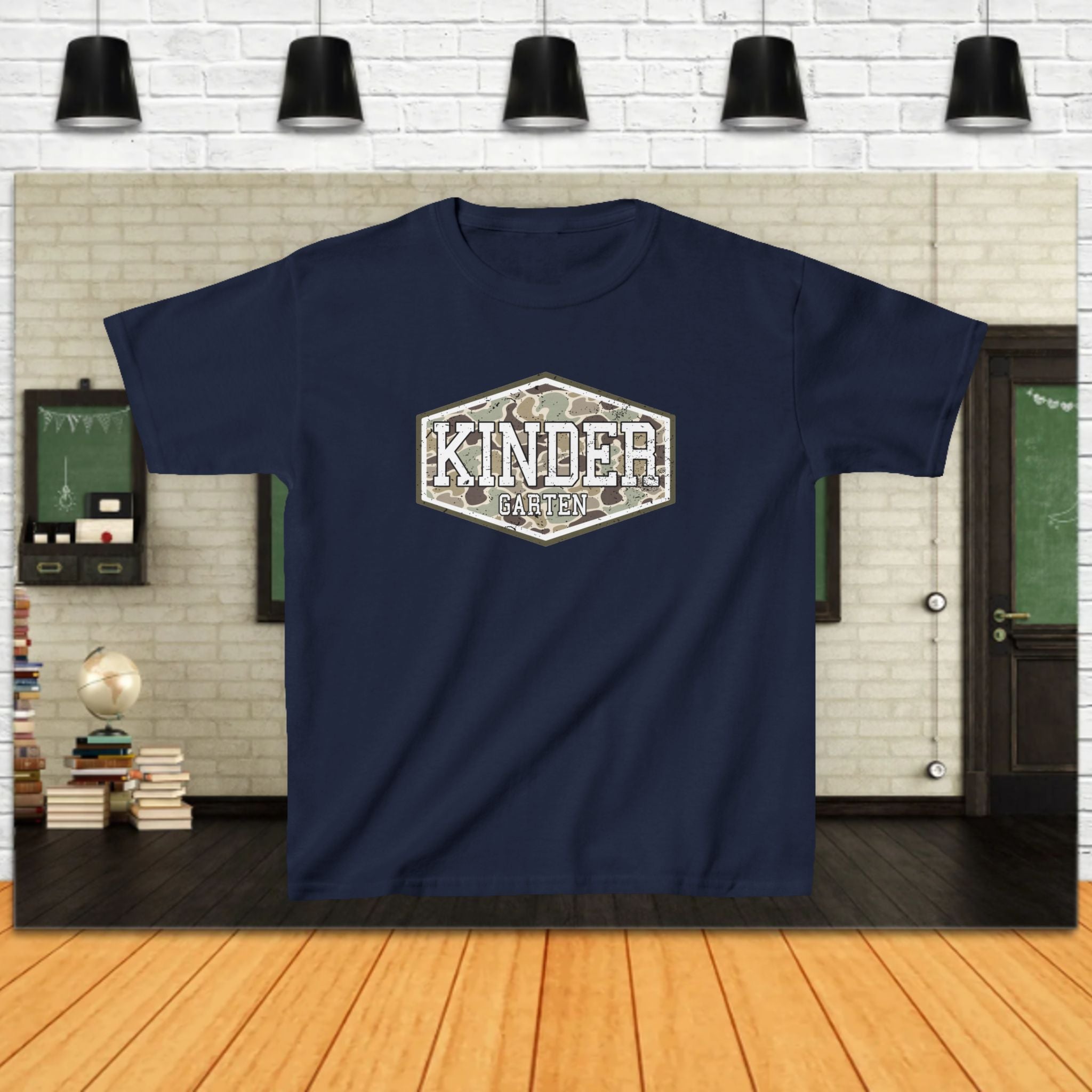 Kinder Camo Kids Tee — 'Kinder' Hex Badge Graphic T-Shirt for Children