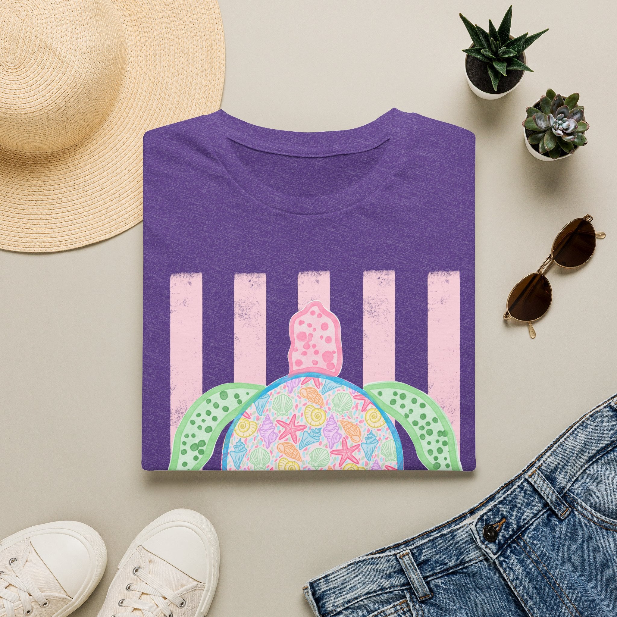 Sea Turtle Beach T-Shirt — Pastel Floral Turtle on Pink Stripes