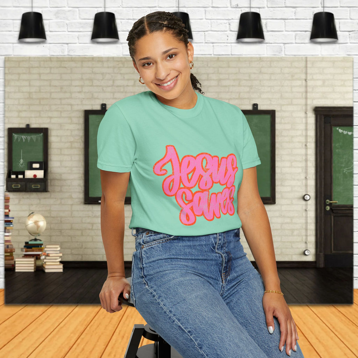 Jesus Saves Distressed T-Shirt — Retro Pink Script Christian Tee