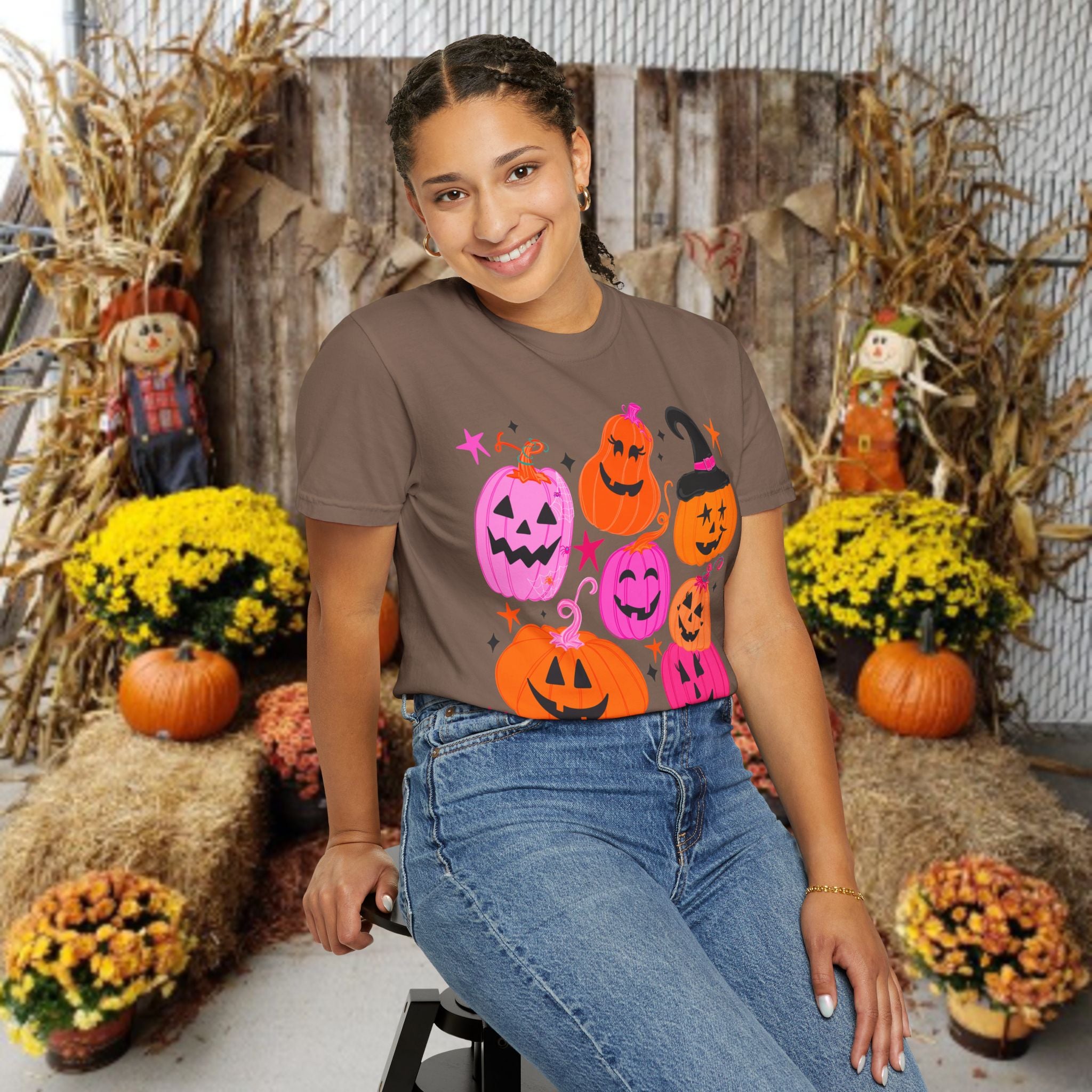 Halloween Pumpkins T-Shirt — Cute Pink & Orange Jack-O'-Lanterns