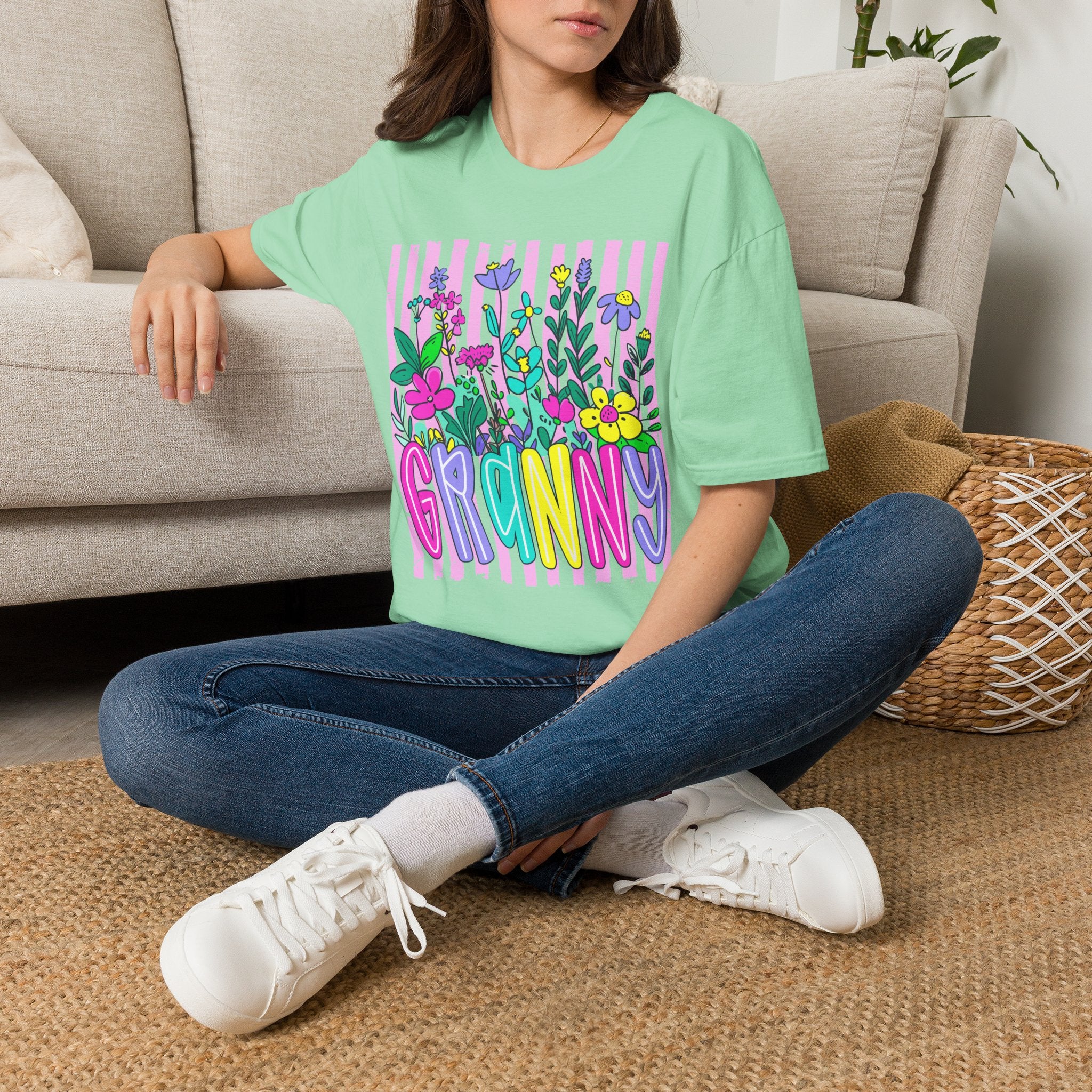 Granny Floral Graphic T-Shirt — Colorful Striped Bouquet Tee