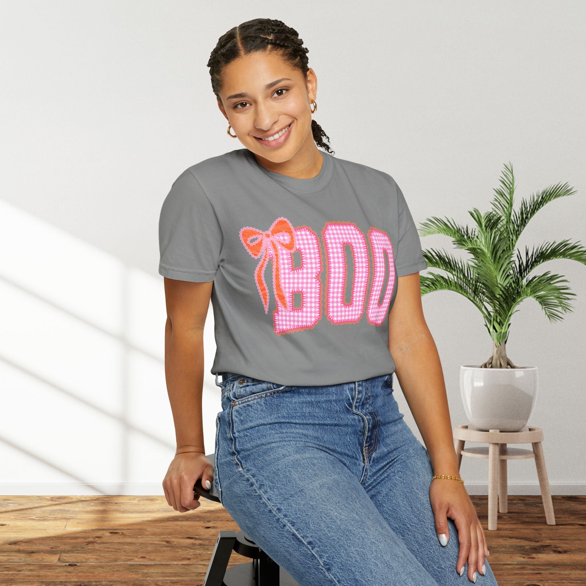 Boo Pink Gingham Graphic T-Shirt with bow