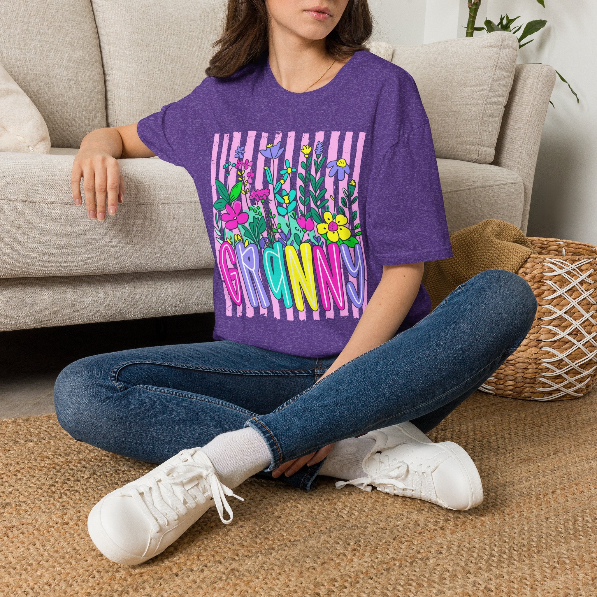 Granny Floral Graphic T-Shirt — Colorful Striped Bouquet Tee