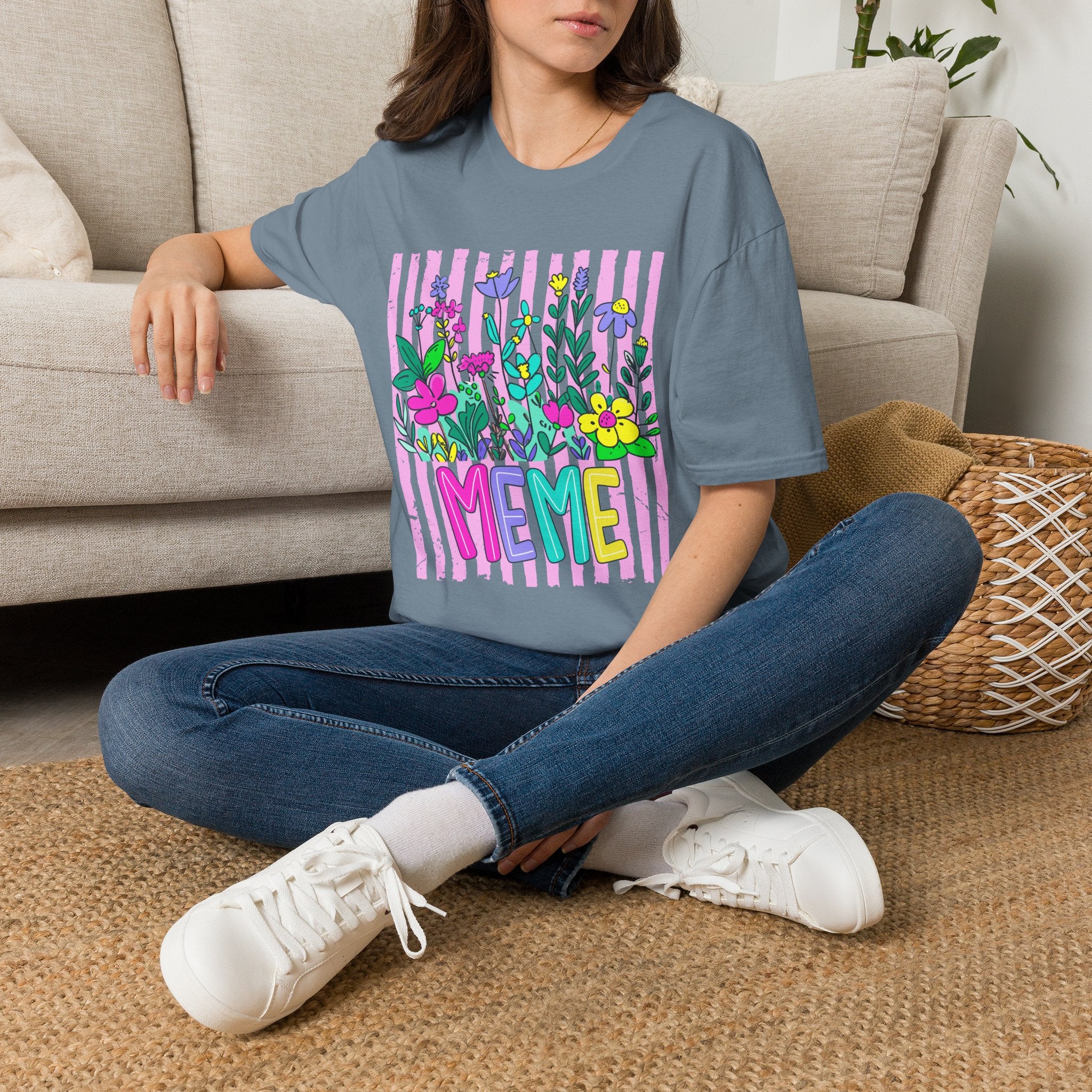 Floral 'I Meme' Tee — Bright Retro Striped Flower Graphic T-Shirt