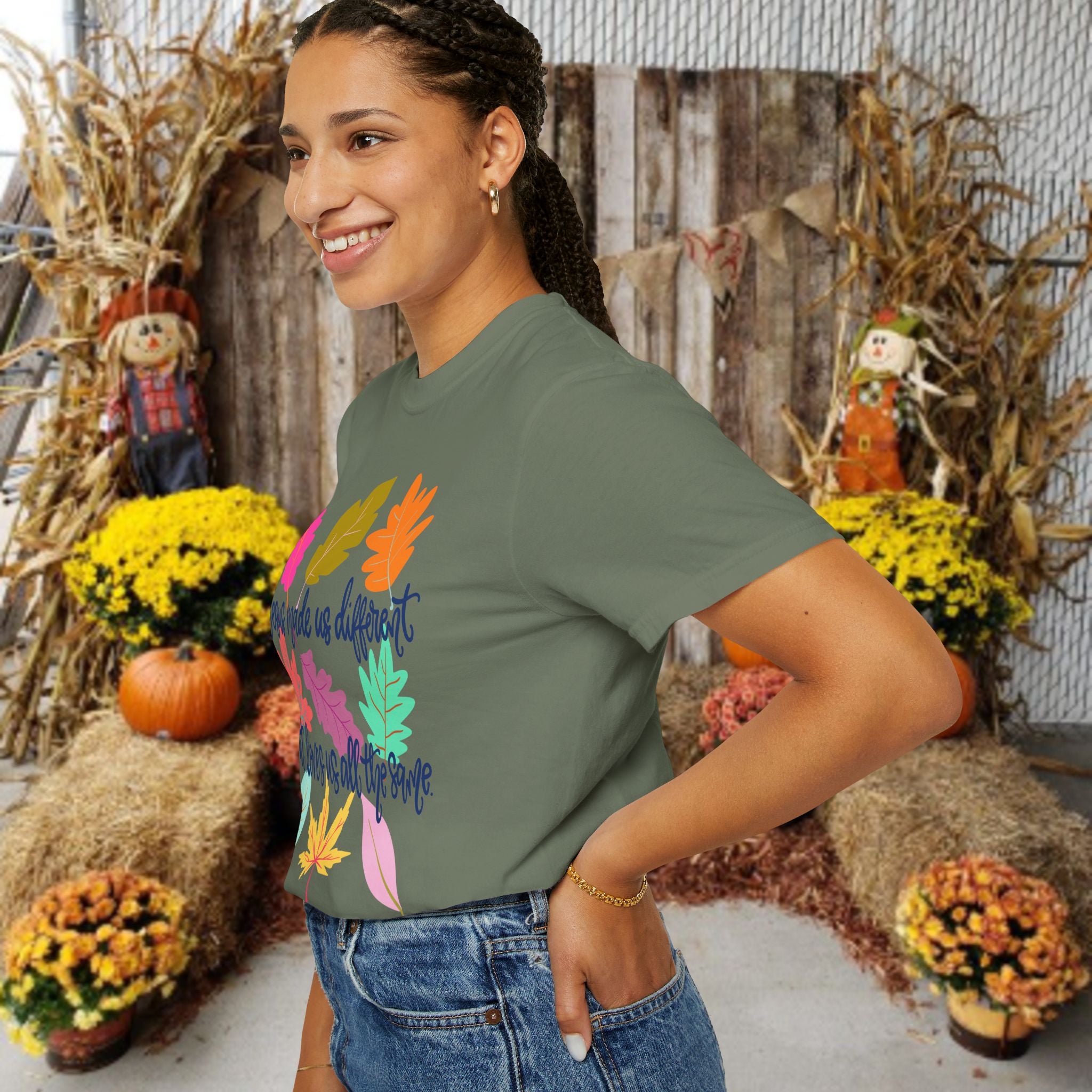 Christian Fall T-Shirt — "Jesus Made Us Different But Loves Us All The Same" (Colorful Leaves)