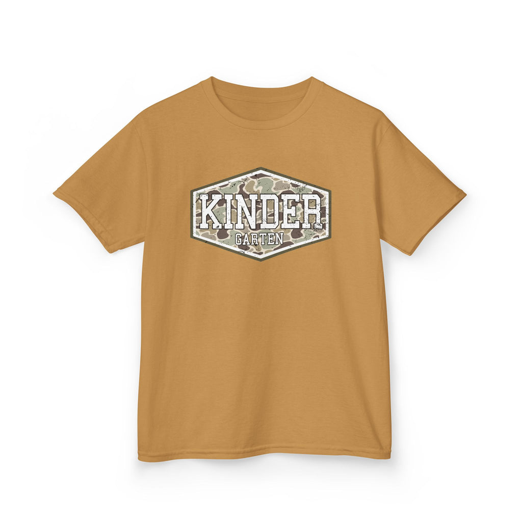 Kinder Camo Kids Tee — 'Kinder' Hex Badge Graphic T-Shirt for Children