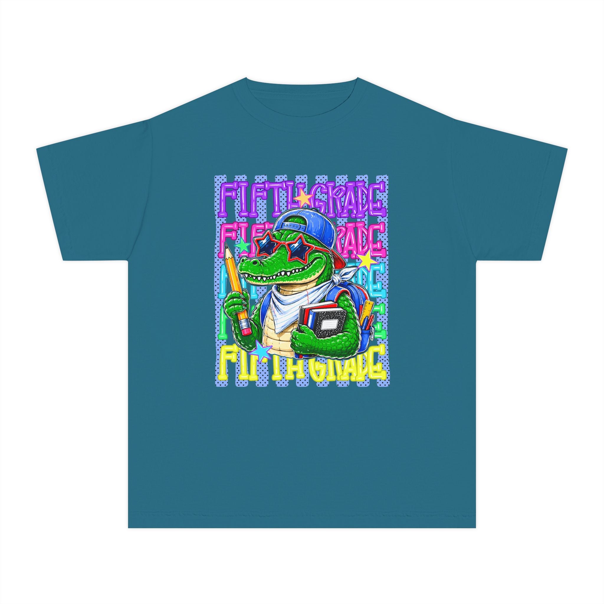 Youth Tee — Colorful Back-to-School Alligator Graphic "Fifth Grade"