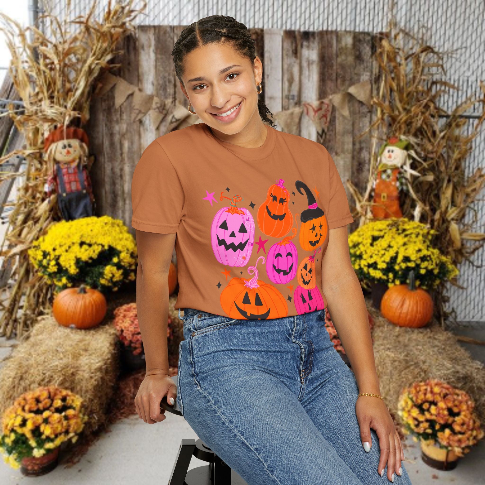 Halloween Pumpkins T-Shirt — Cute Pink & Orange Jack-O'-Lanterns