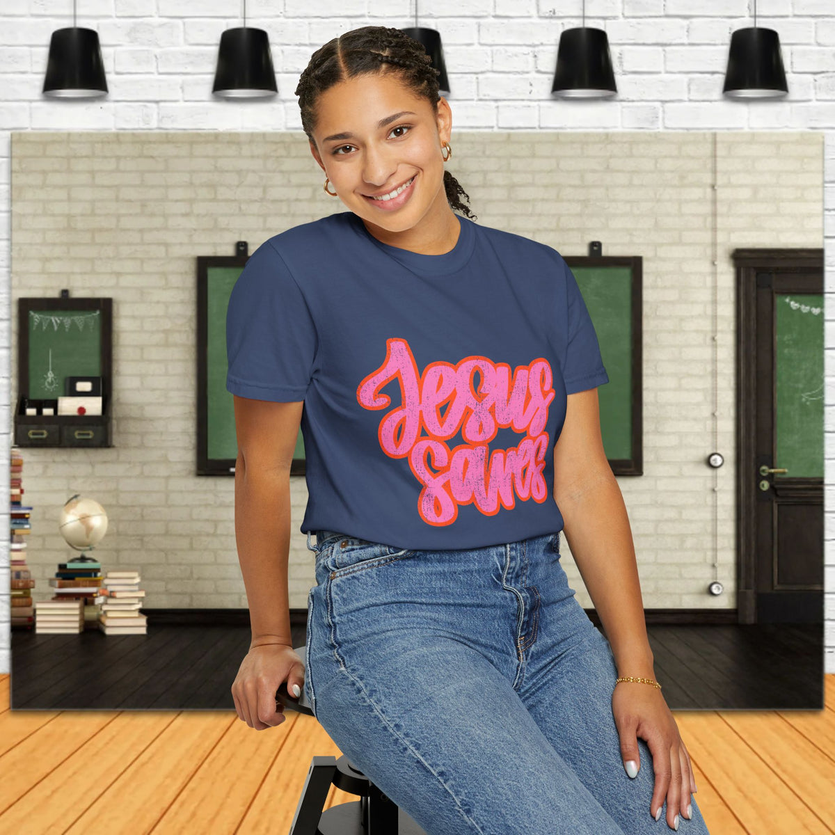 Jesus Saves Distressed T-Shirt — Retro Pink Script Christian Tee