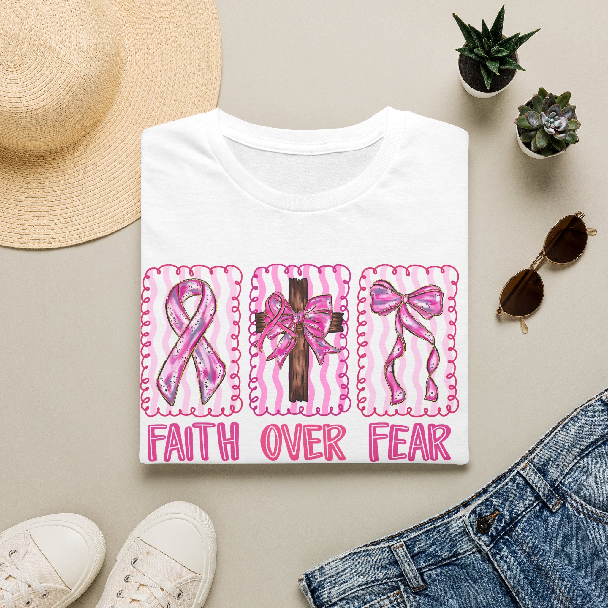 Breast Cancer Awareness T-Shirt - "Faith Over Fear" Pink Ribbon Tee