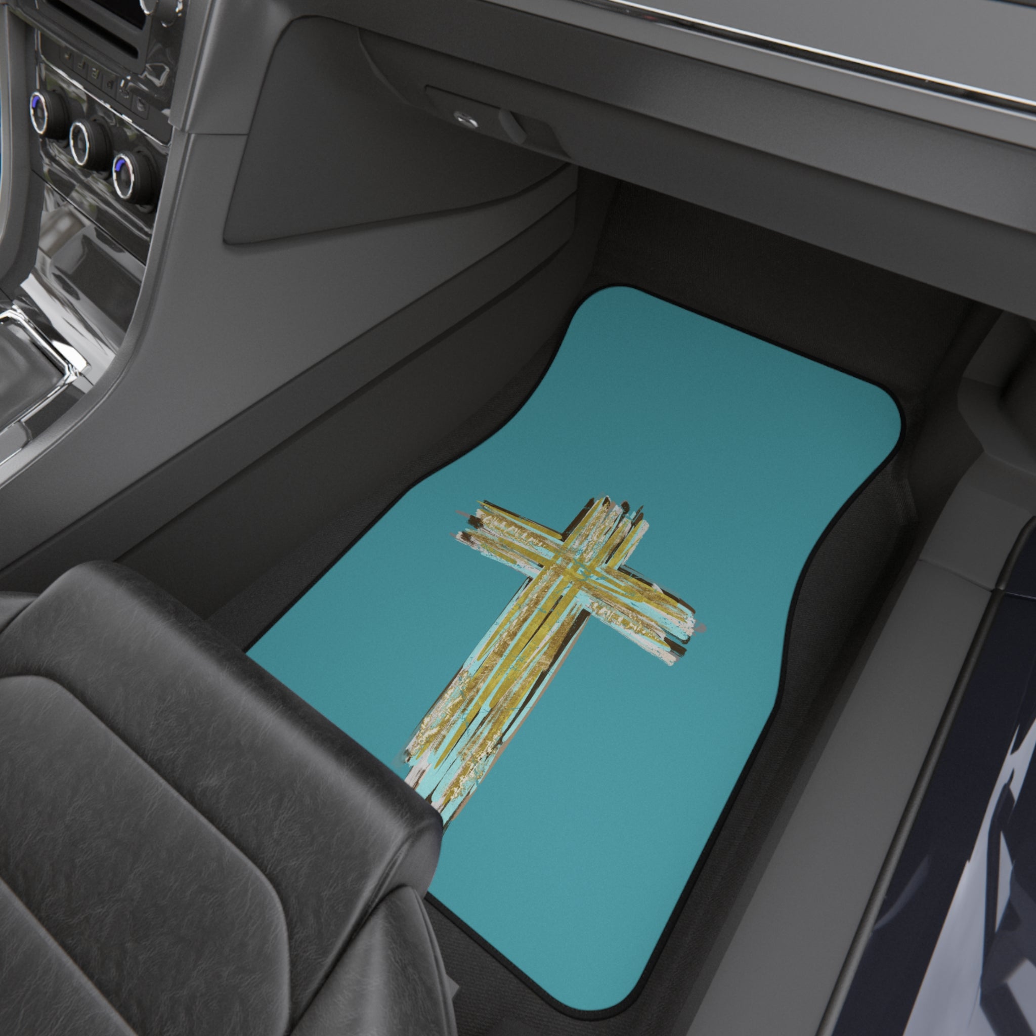 Religious Car Mats (Set of 4) — Teal Cross Non‑Slip Floor Mats