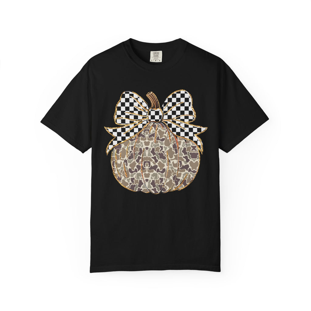 Camo Pumpkin with Checkered Bow T-Shirt