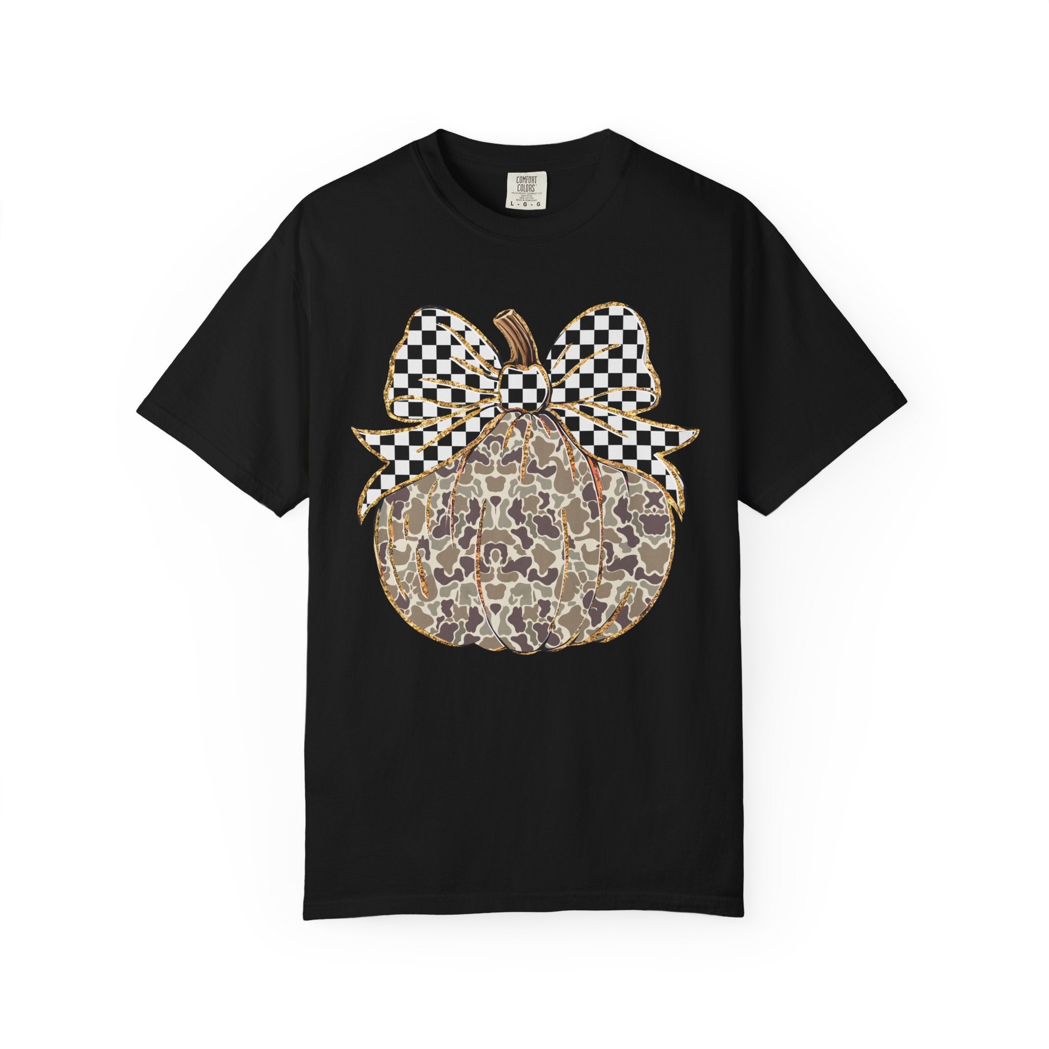Camo Pumpkin with Checkered Bow T-Shirt