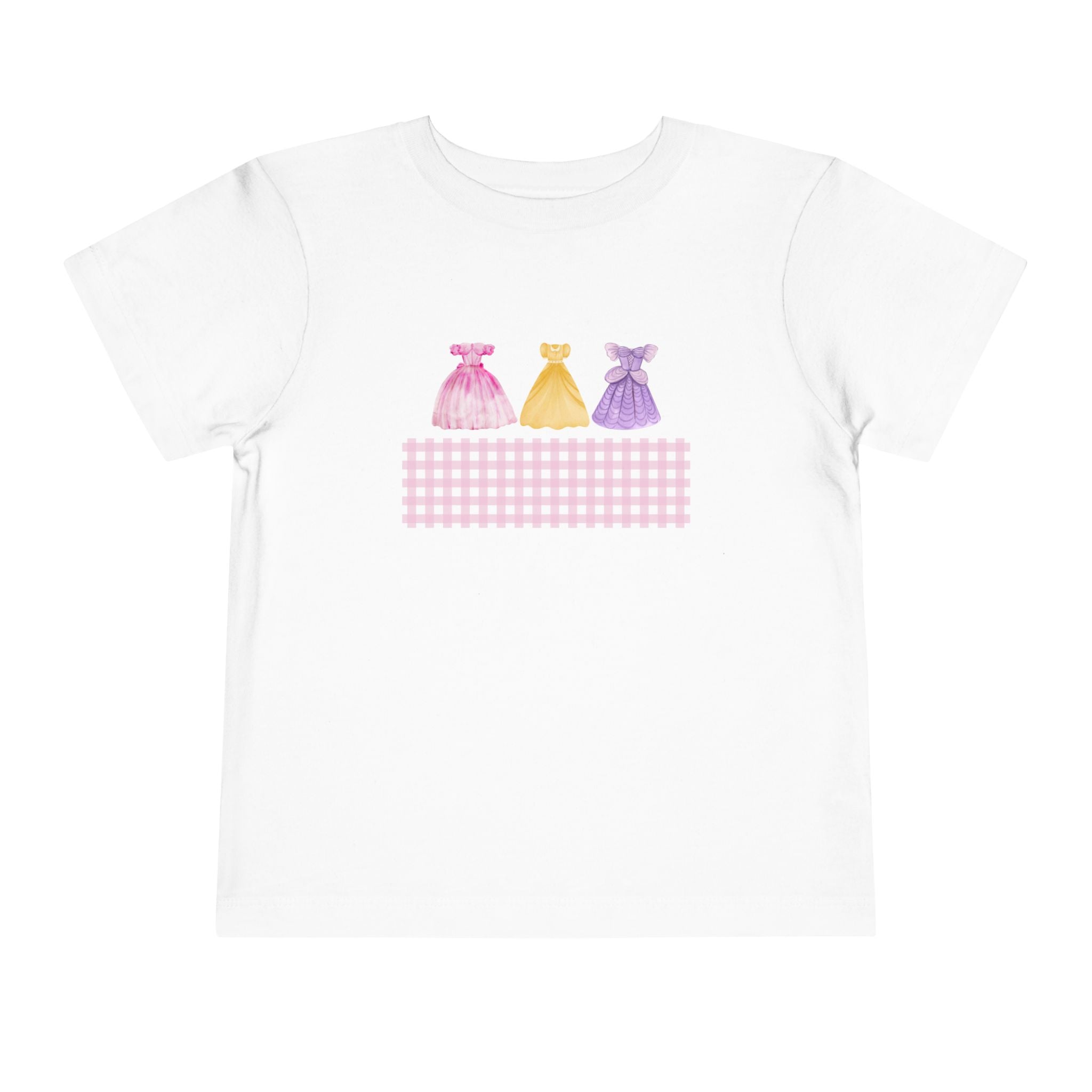 Toddler Tee — Pastel Princess Dresses Graphic (Pink Gingham)