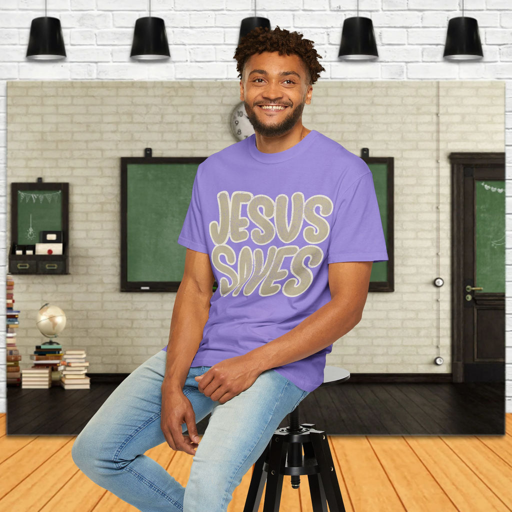 Jesus Saves T-Shirt — Retro Gold Script Christian Tee