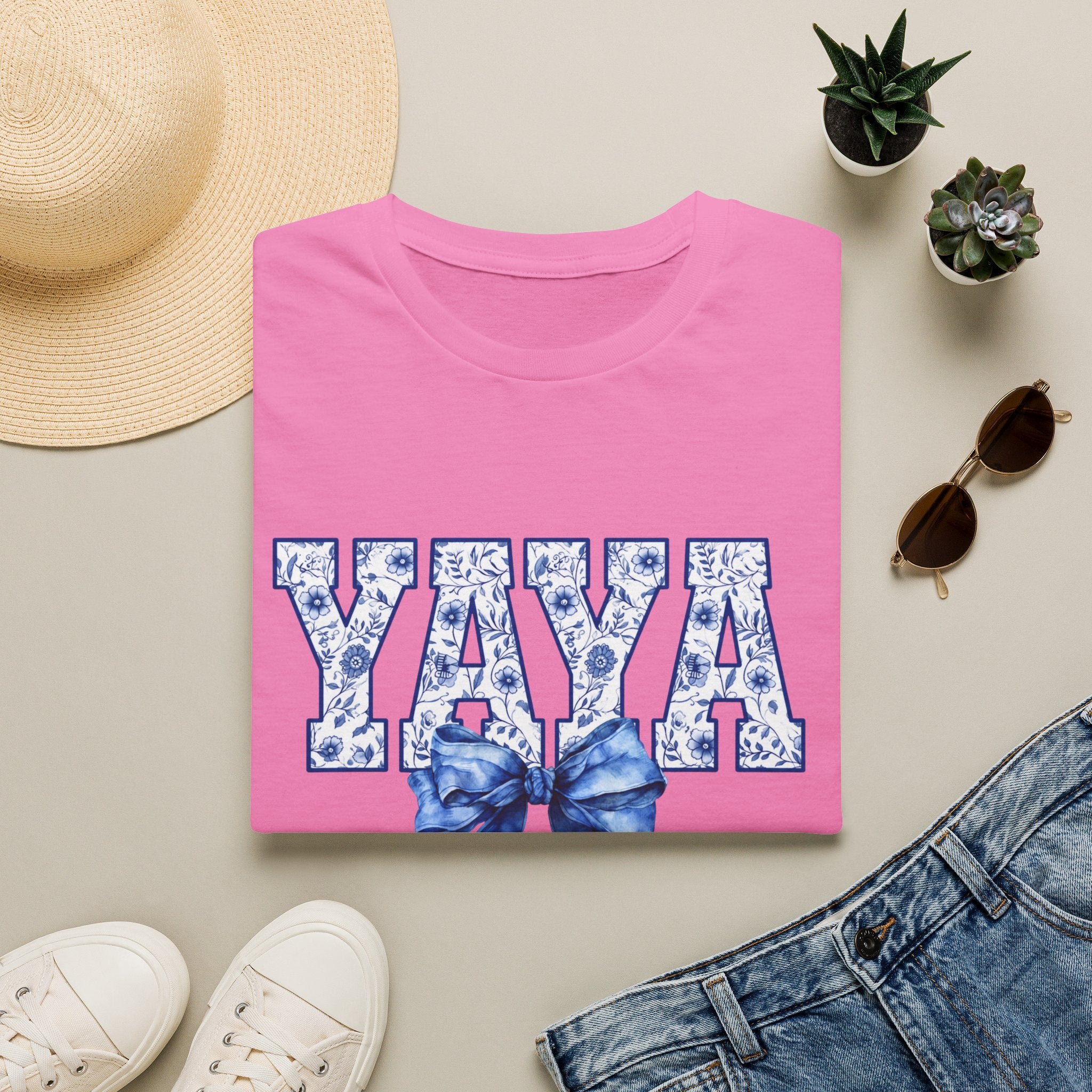Yaya Floral Block Tee — 'YAYA' Blue Floral Design with Bow