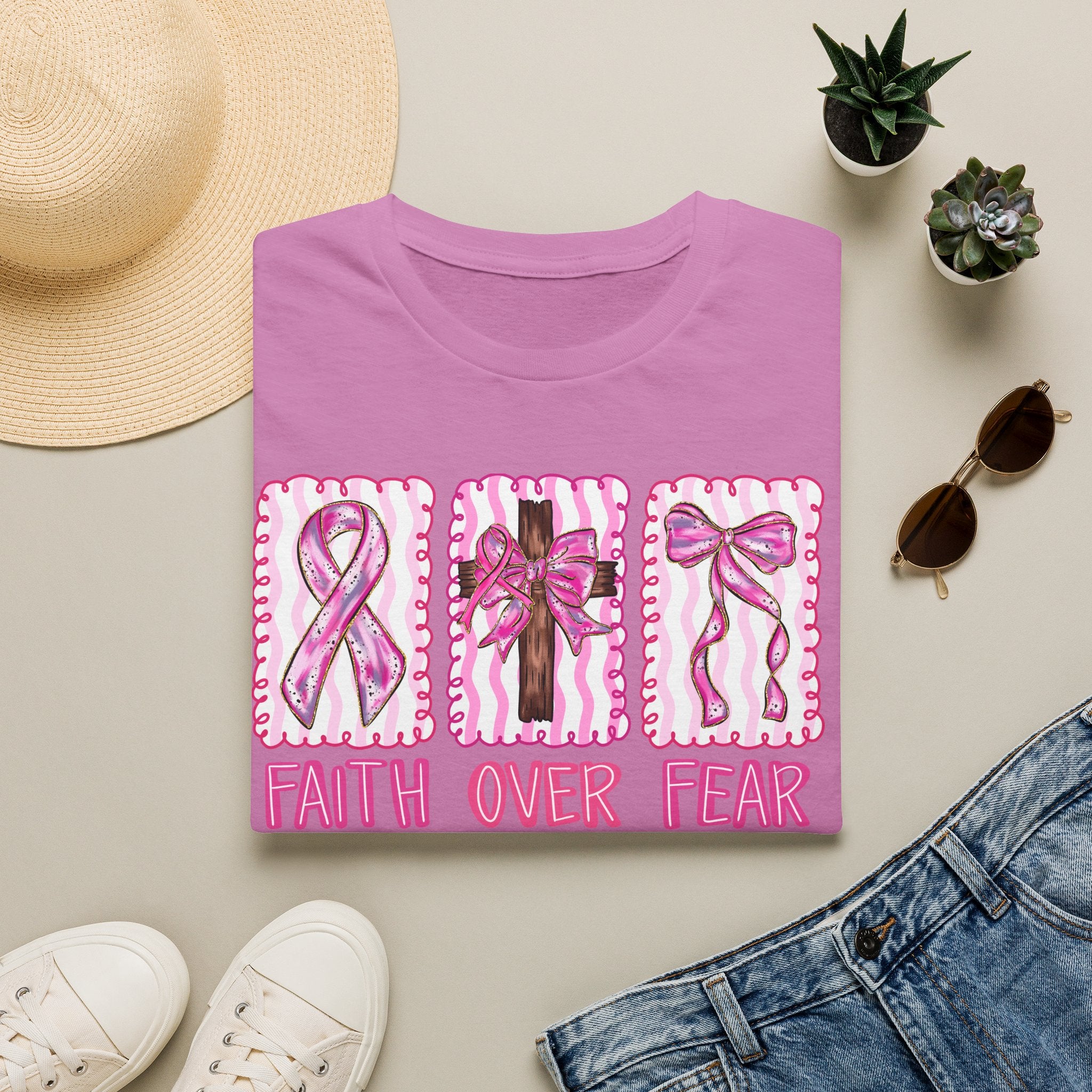 Breast Cancer Awareness T-Shirt - "Faith Over Fear" Pink Ribbon Tee