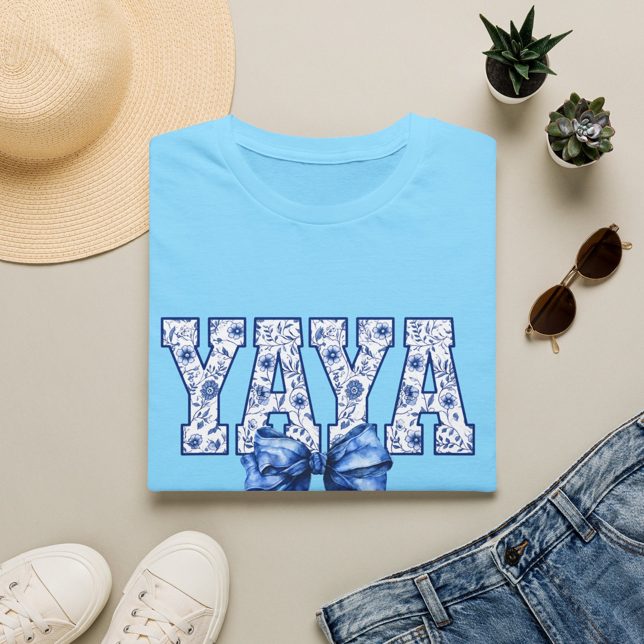 Yaya Floral Block Tee — 'YAYA' Blue Floral Design with Bow