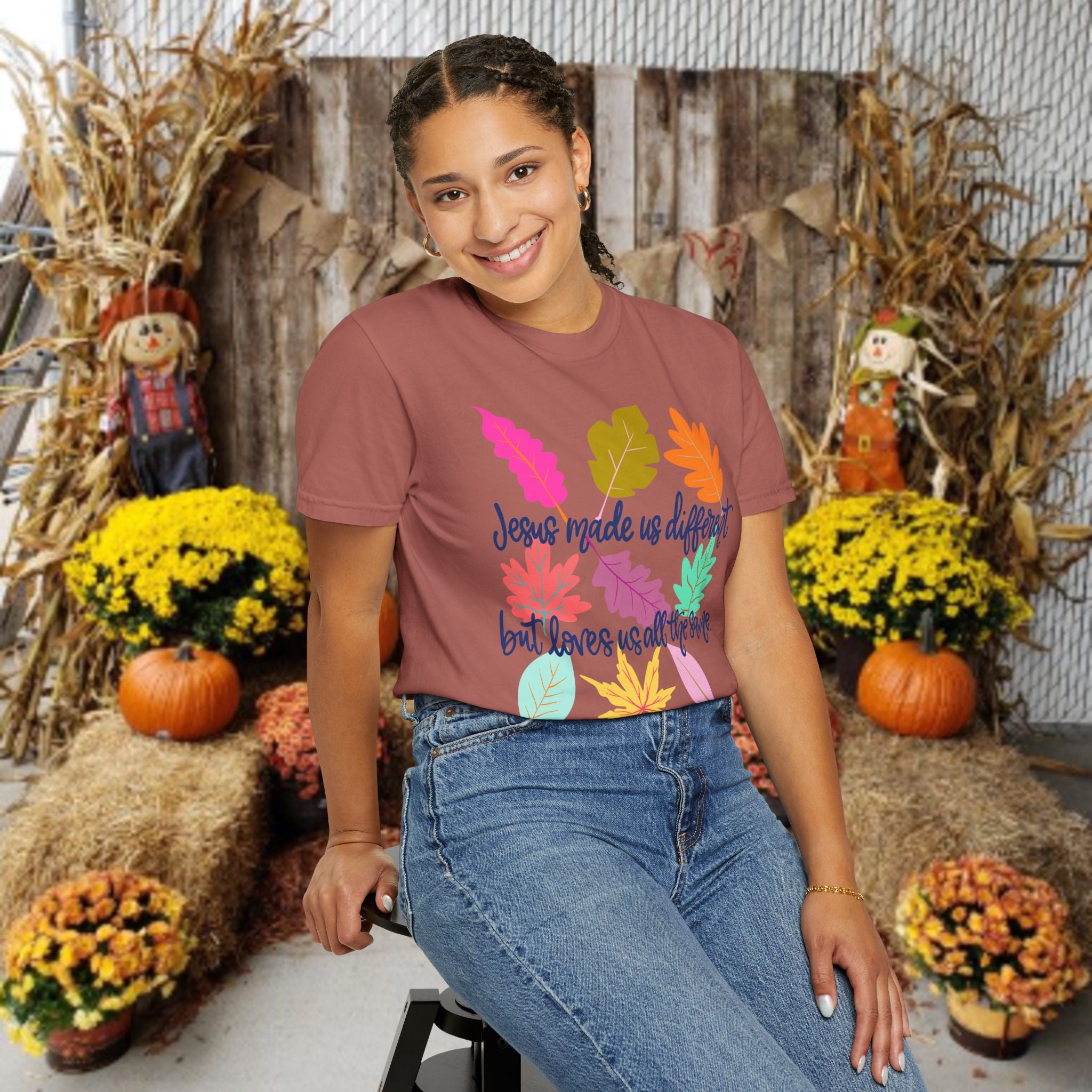 Christian Fall T-Shirt — "Jesus Made Us Different But Loves Us All The Same" (Colorful Leaves)