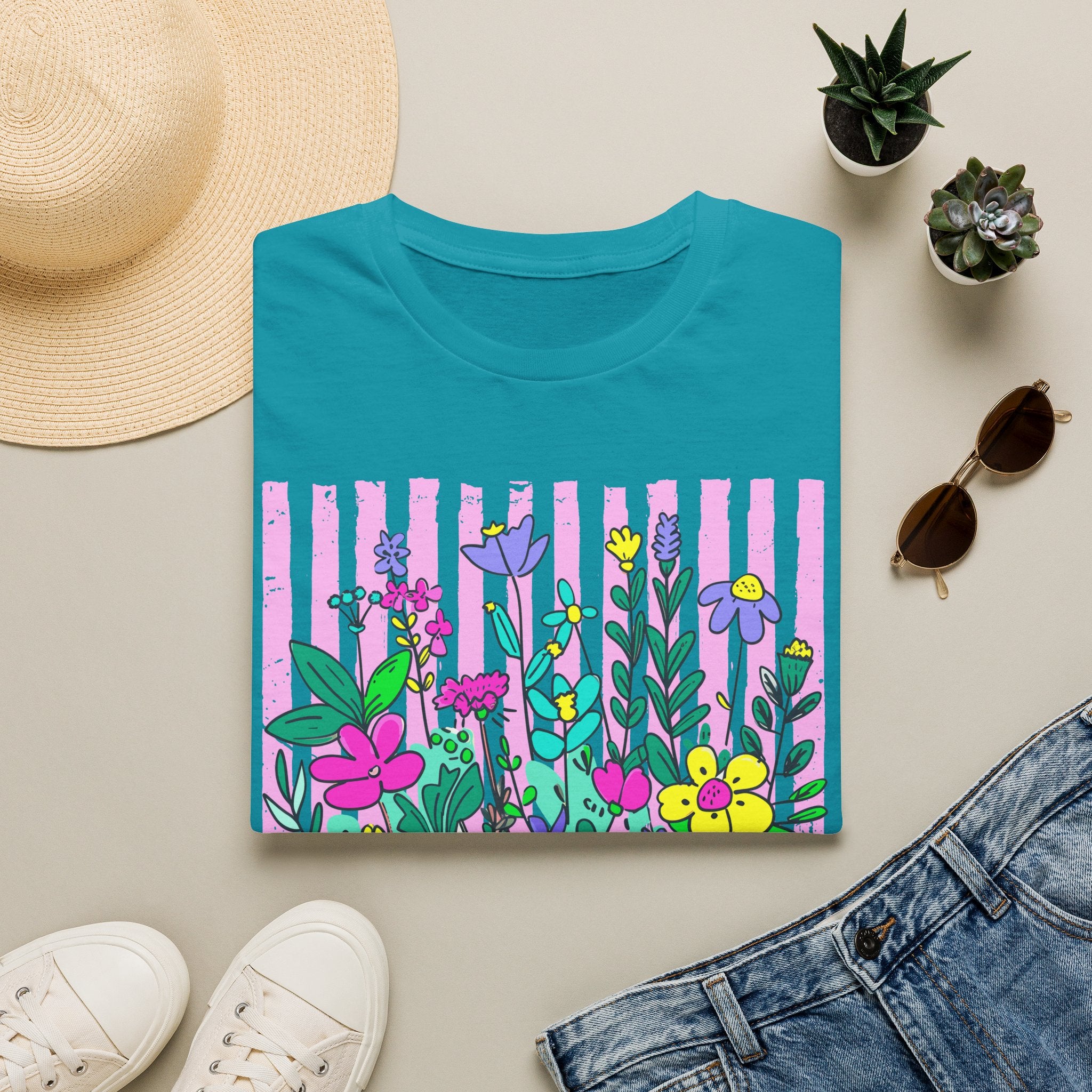 Granny Floral Graphic T-Shirt — Colorful Striped Bouquet Tee