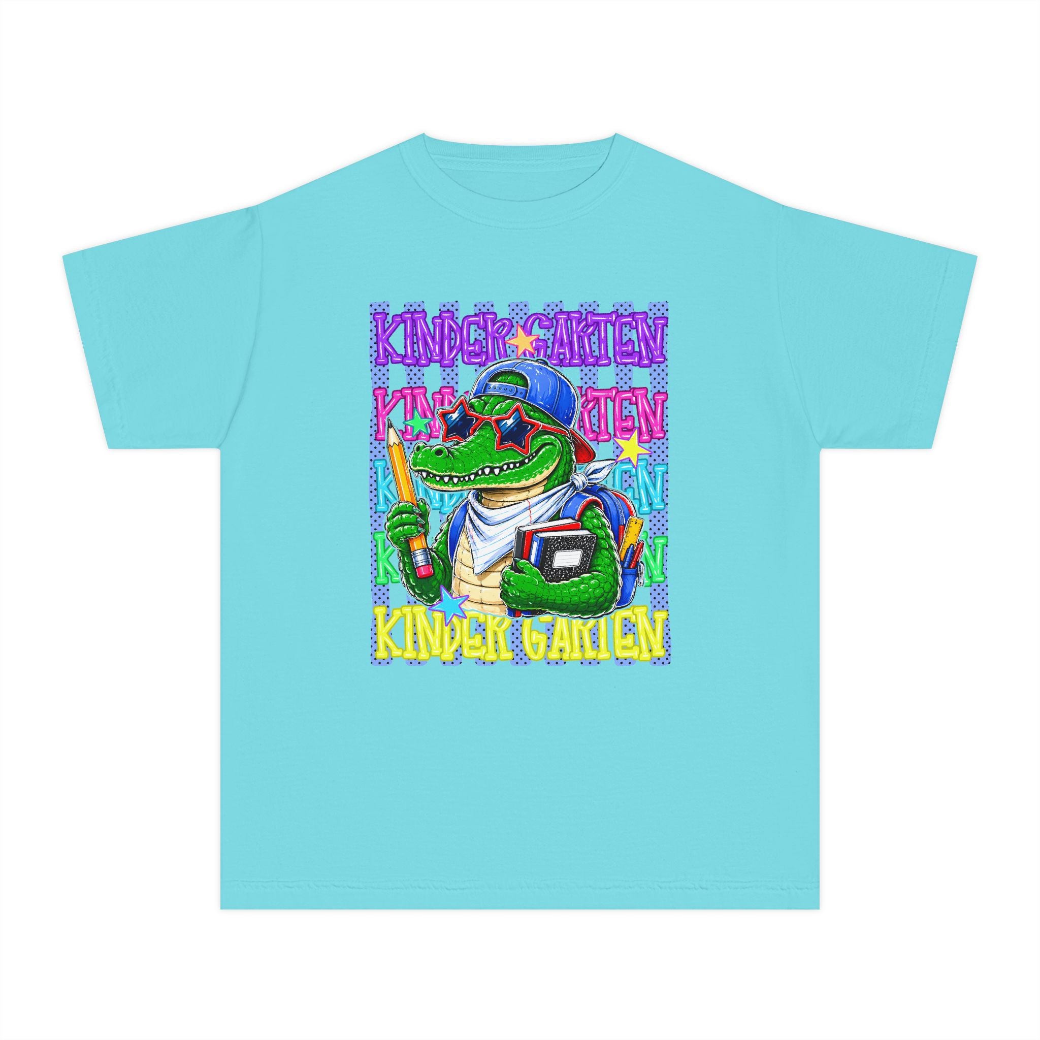 Kids Gator Teacher Tee — "Kindergarten" Colorful Alligator School Shirt