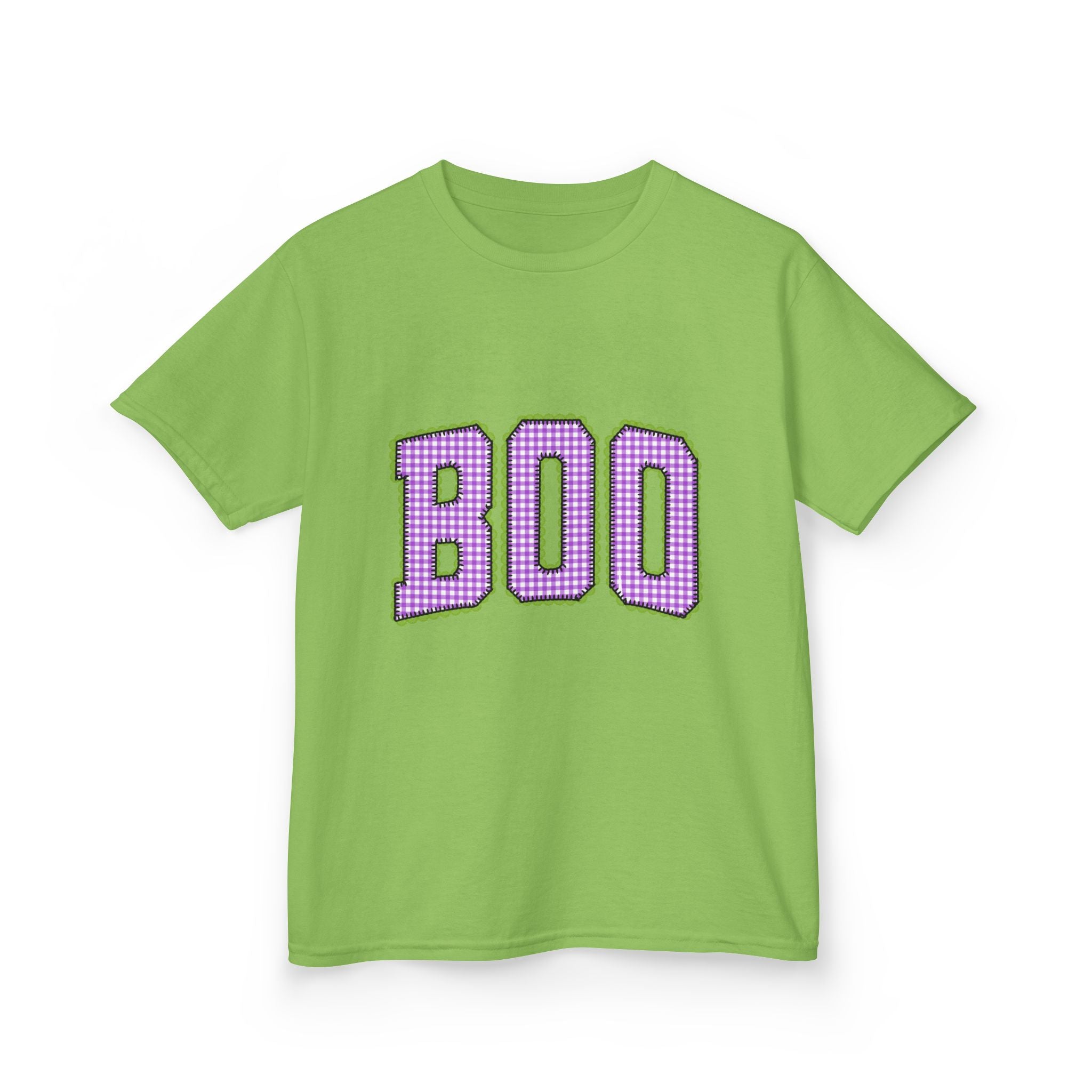 Kids Tee — 'BOO' Purple Ginghma Halloween Shirt