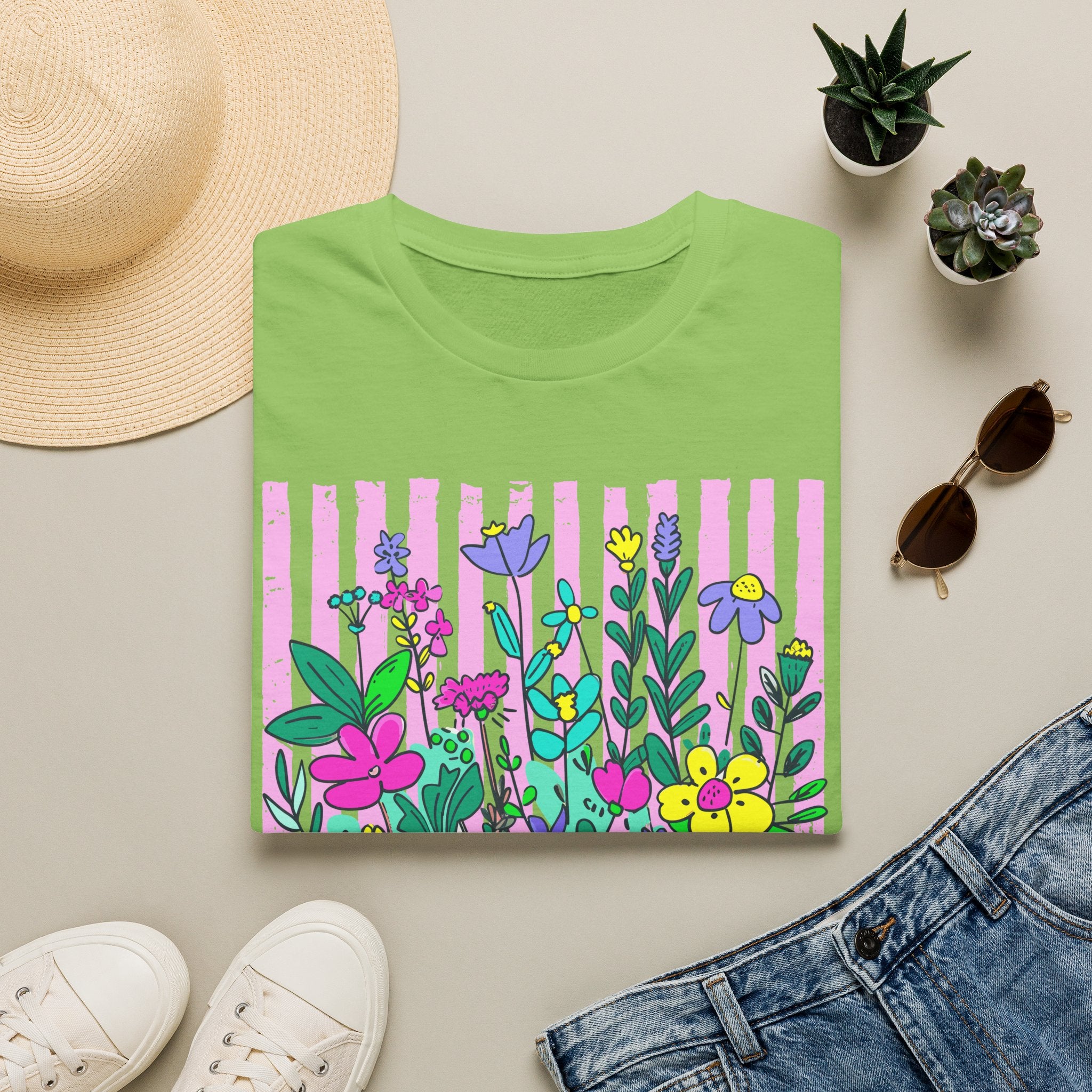Granny Floral Graphic T-Shirt — Colorful Striped Bouquet Tee