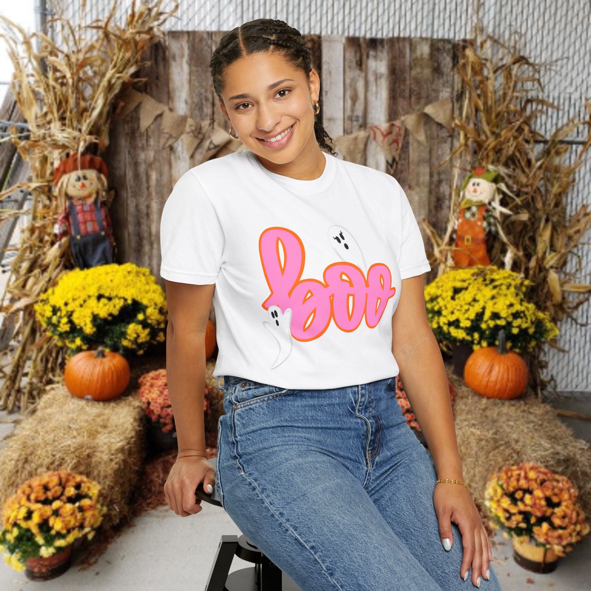 Boo Ghost Graphic T-Shirt — Pink Script Halloween Tee