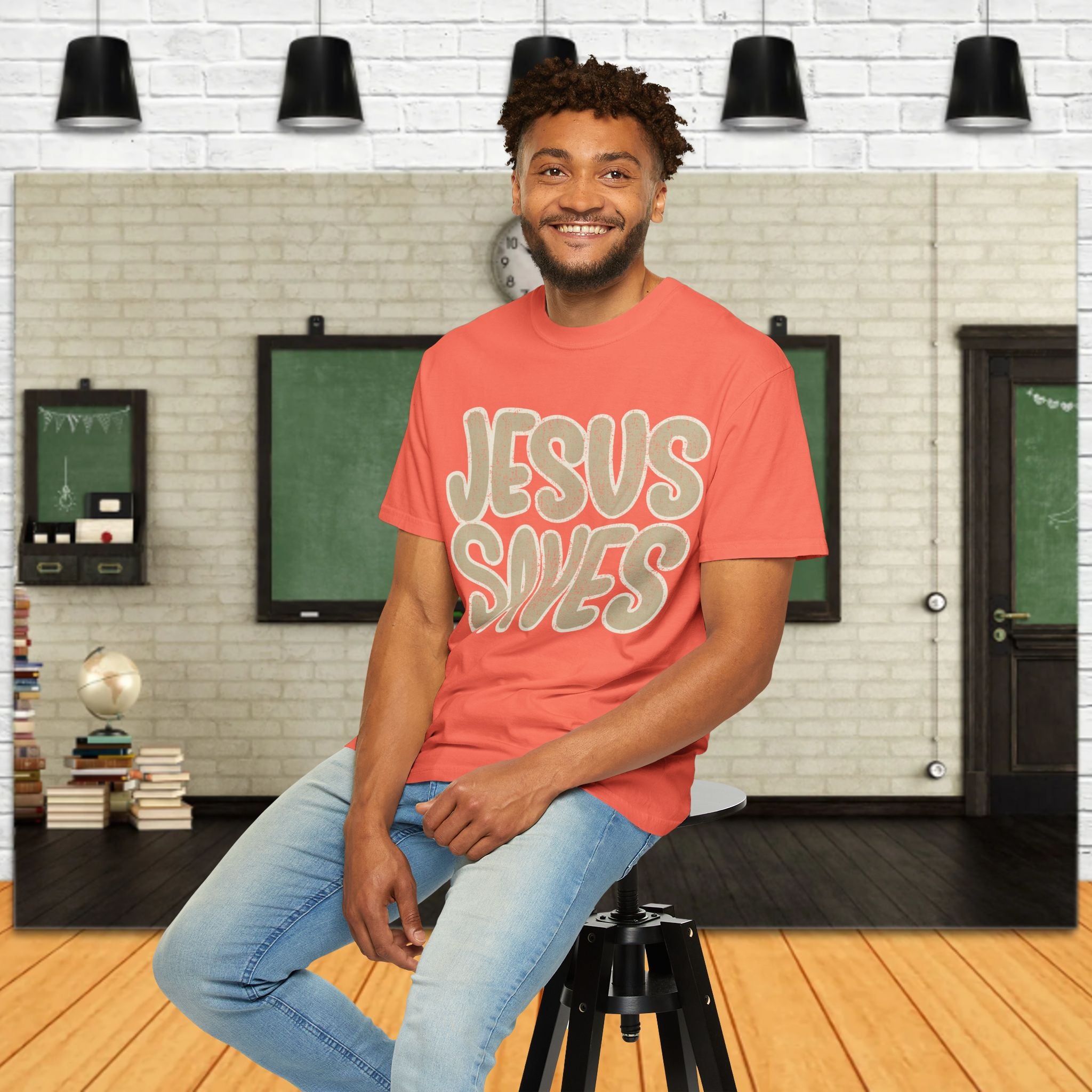 Jesus Saves T-Shirt — Retro Gold Script Christian Tee