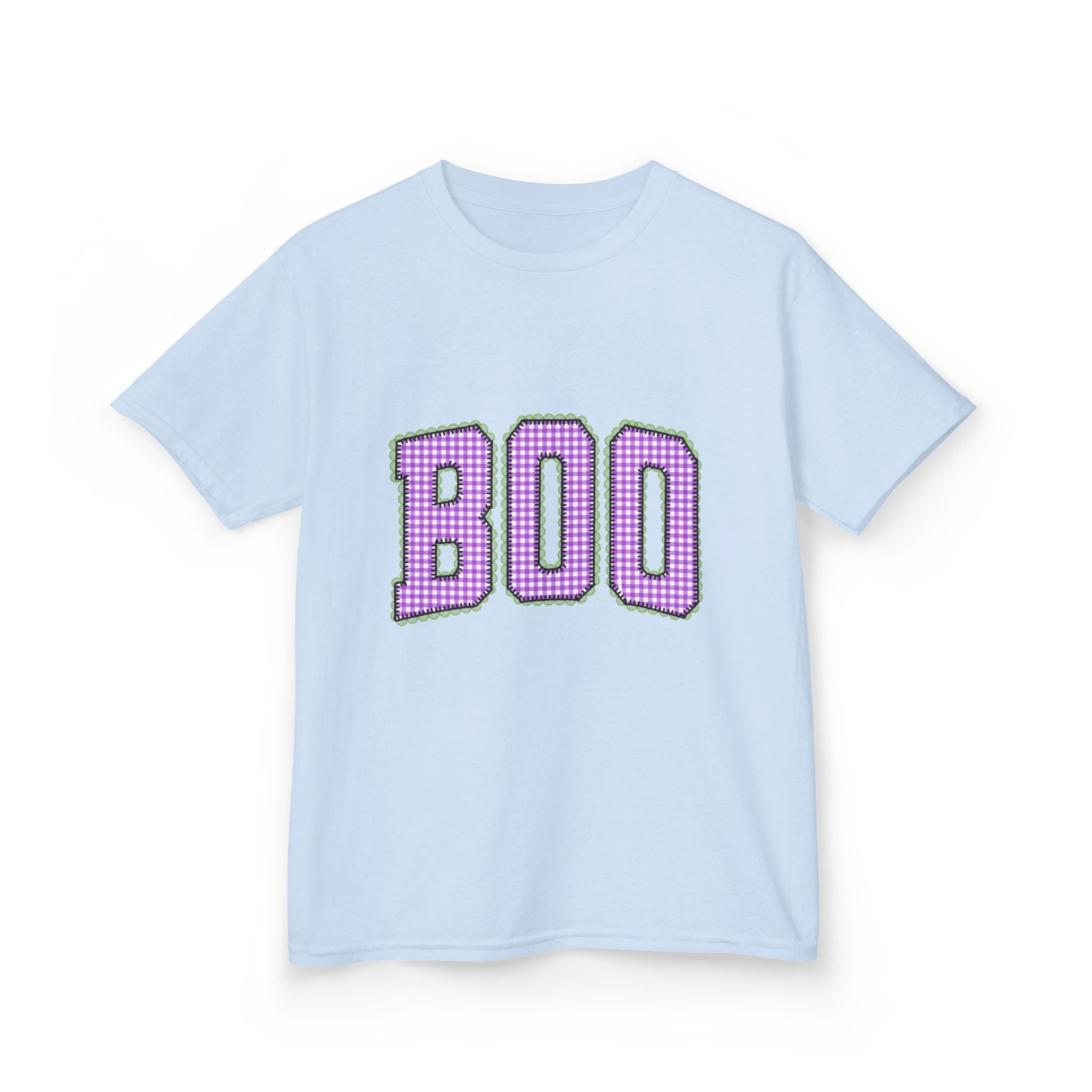 Kids Tee — 'BOO' Purple Ginghma Halloween Shirt