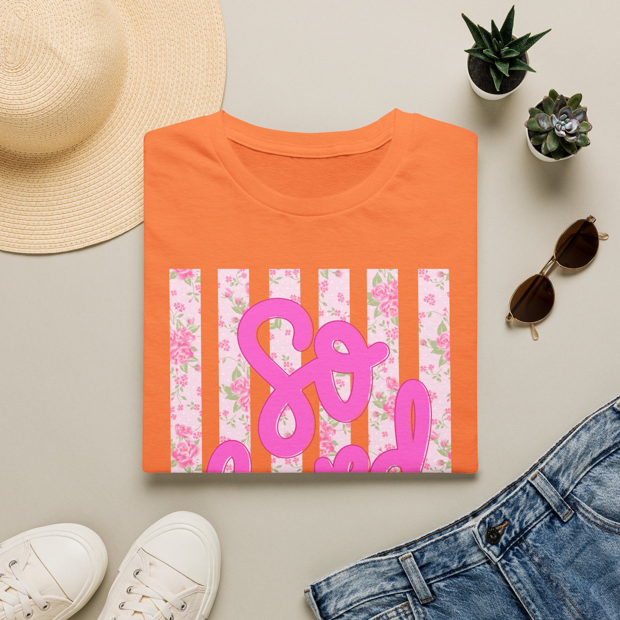 "So Loved" Pink Script Floral Stripe Graphic Tee