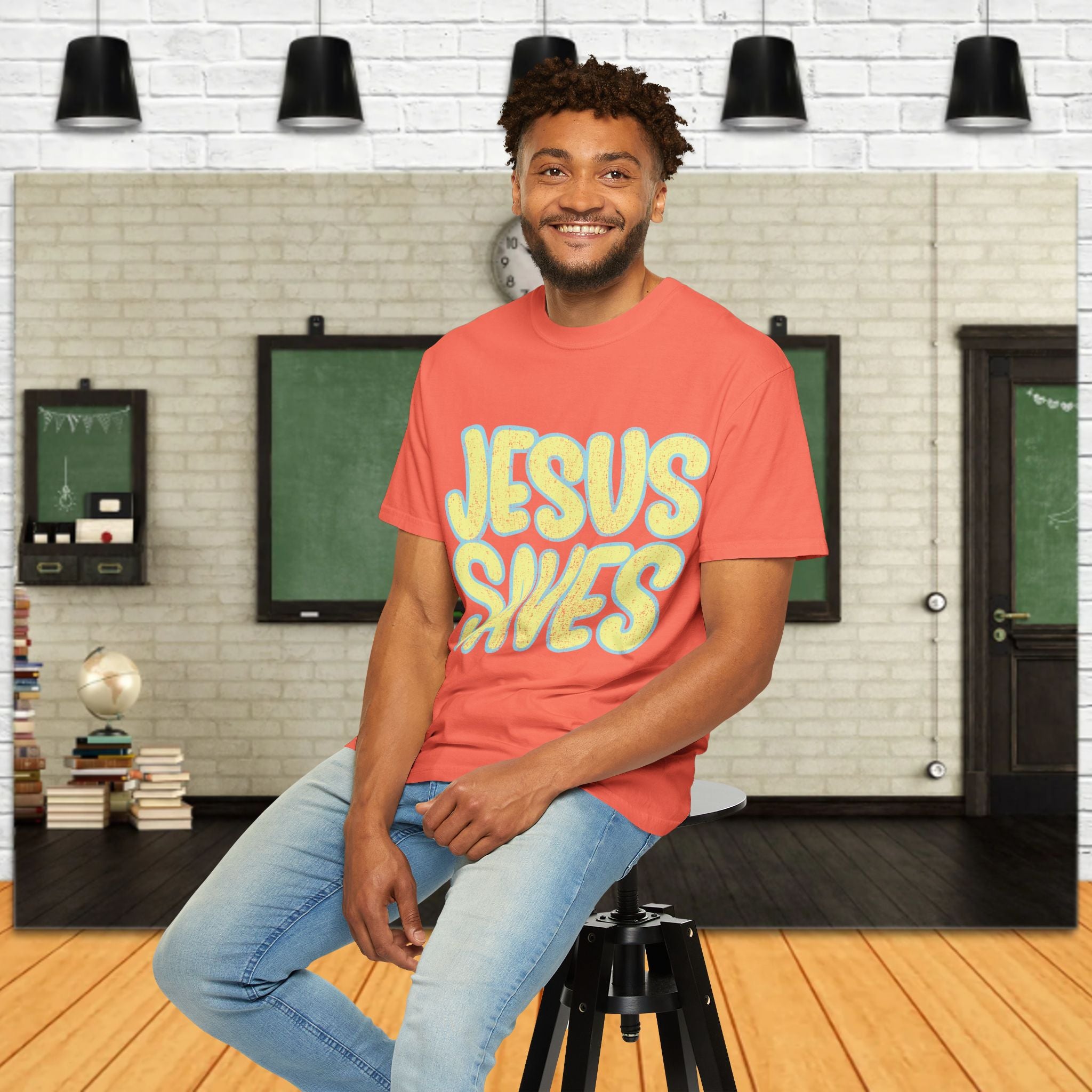 Jesus Saves T‑Shirt — Retro Bubble Text Christian Faith Tee