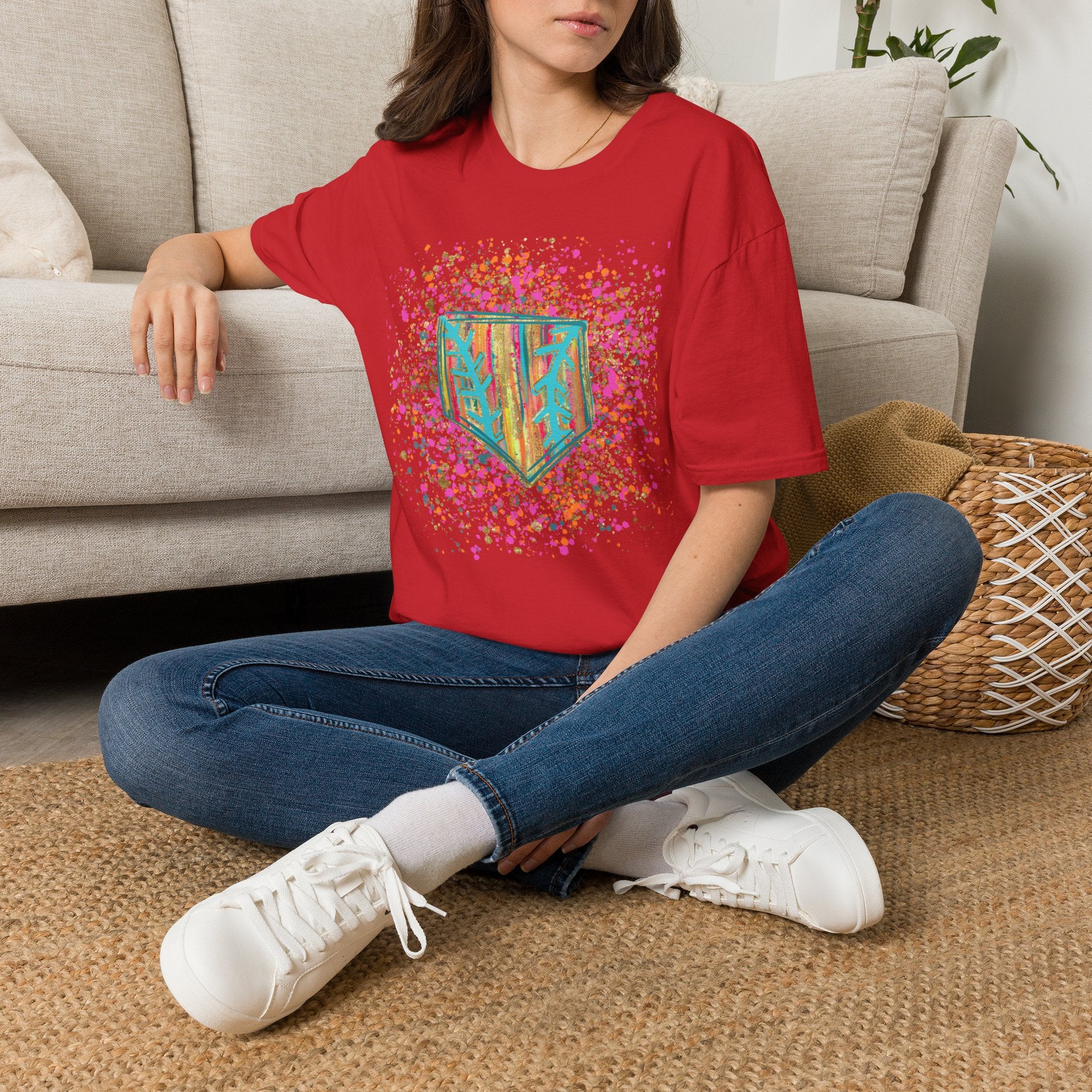 Colorful Floral Shield T-Shirt — Boho Painted Crest Graphic Tee