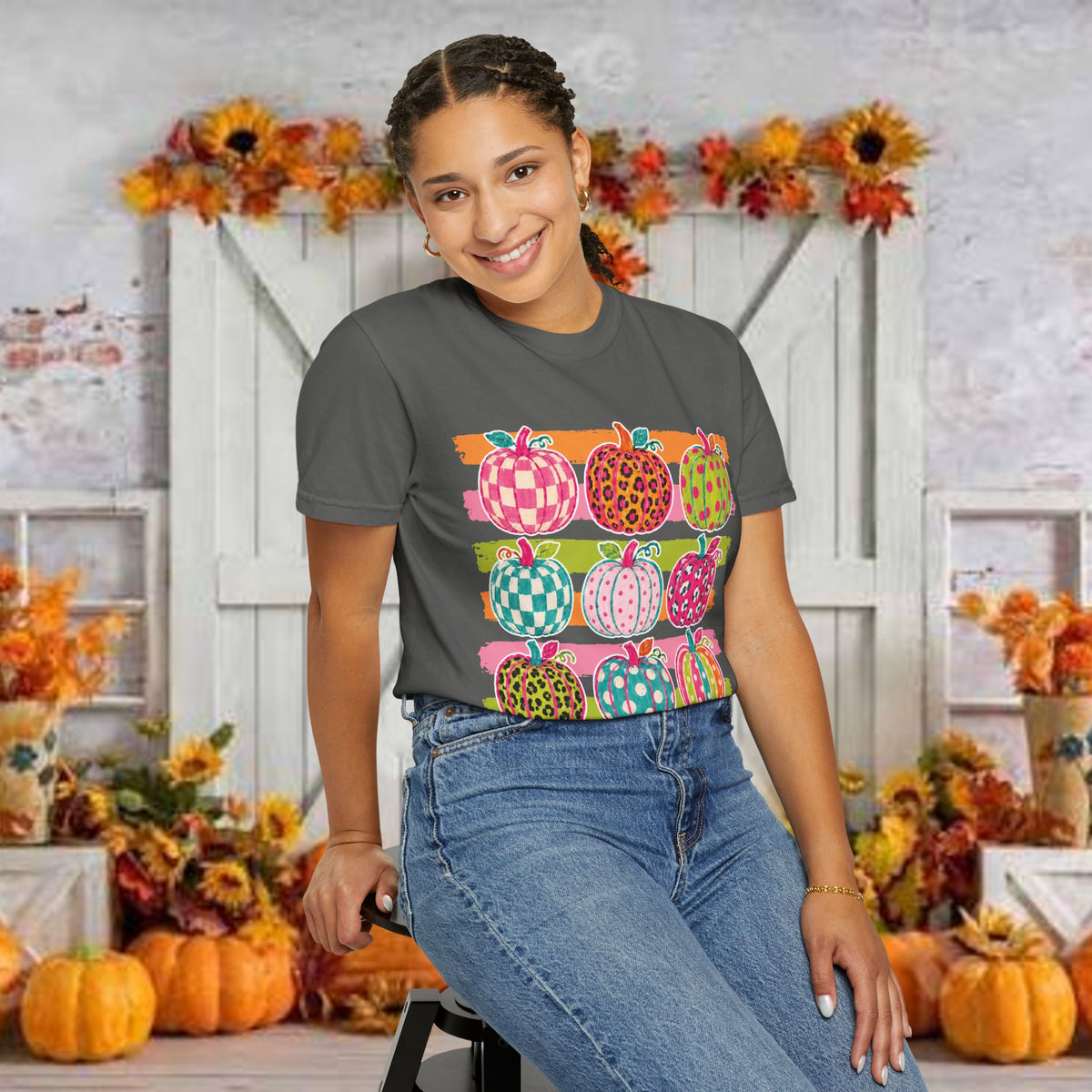 Striped Preppy Neon Fall Pumpkin Bow