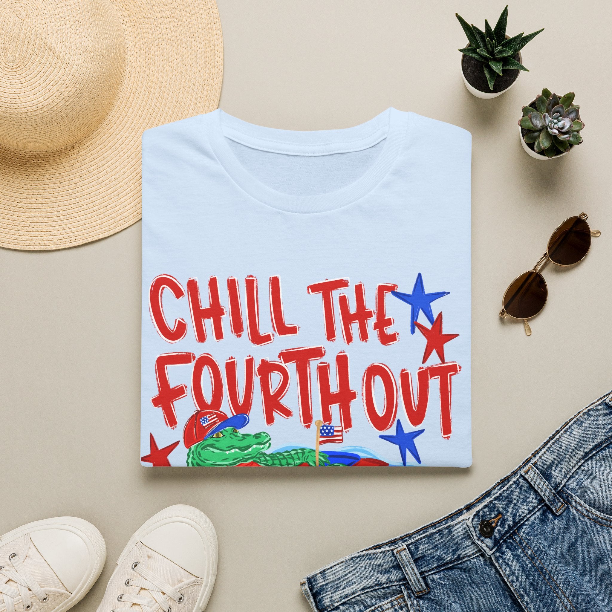 Chill the Fourth Out With Hat T-Shirt — Patriotic Alligator 4th of July Tee