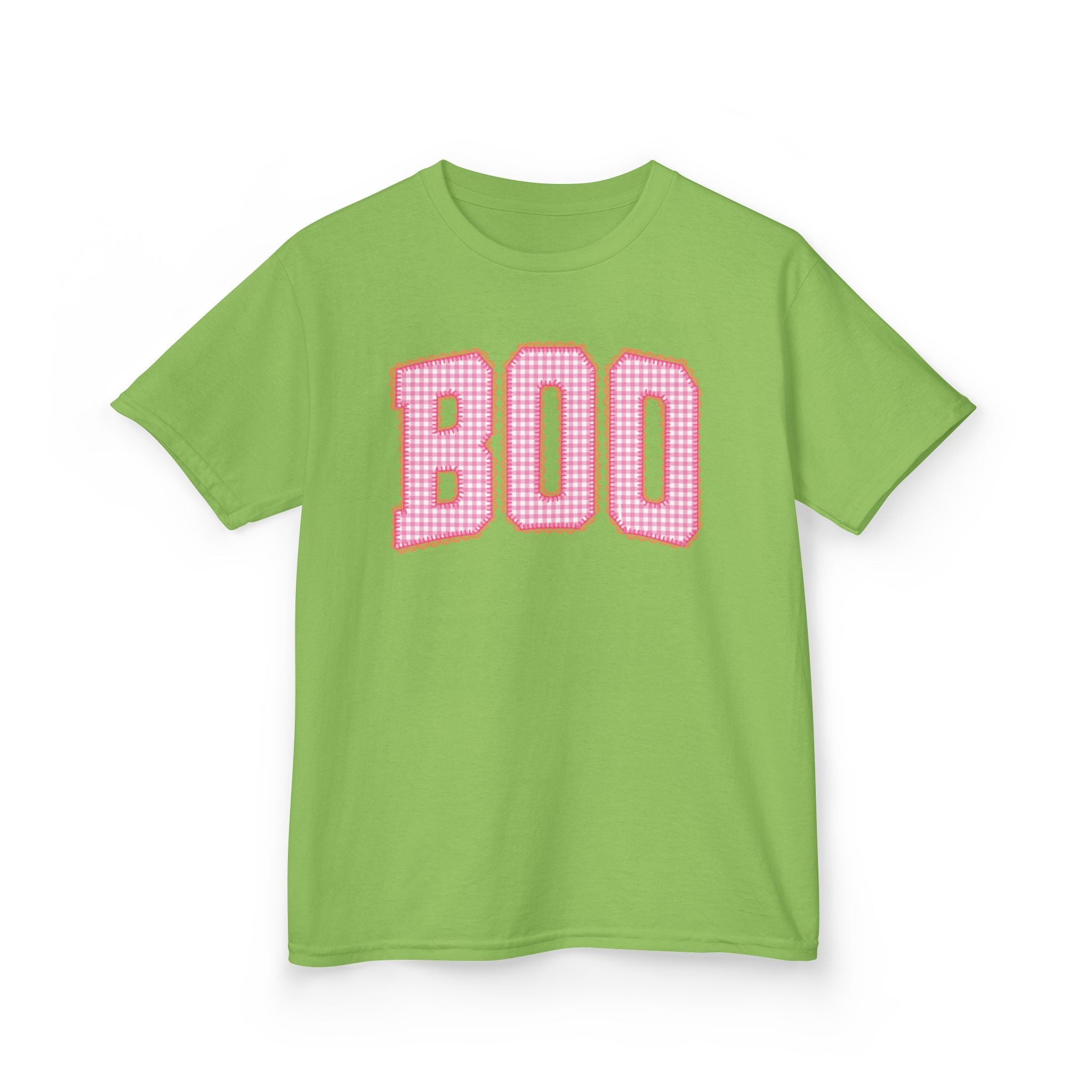 Kids 'BOO' Halloween Tee — Pink Gingham Lettering