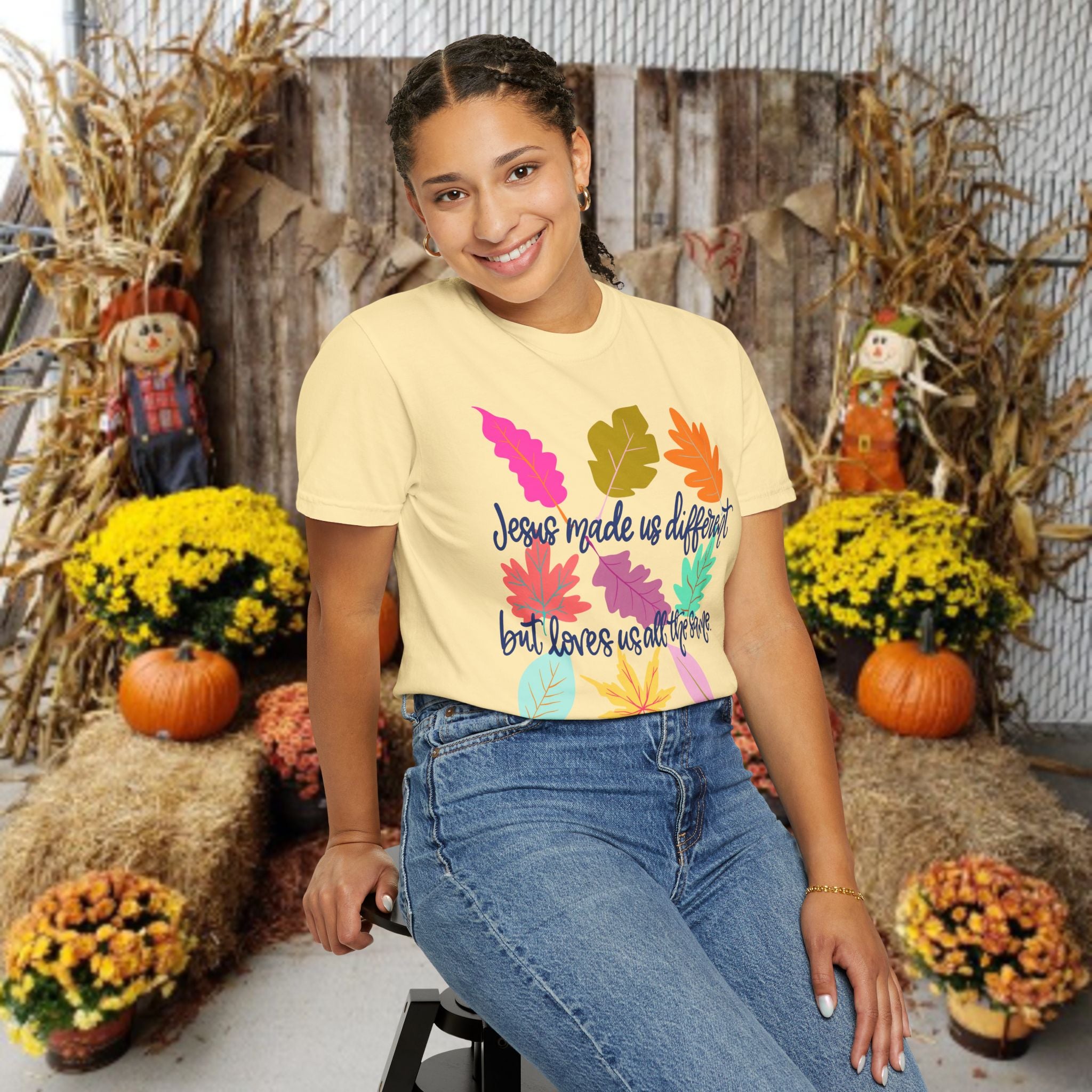 Christian Fall T-Shirt — "Jesus Made Us Different But Loves Us All The Same" (Colorful Leaves)